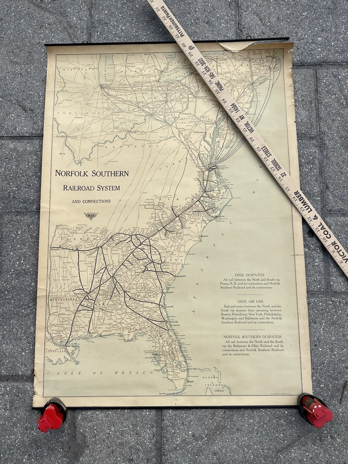 Antique c. 1940s Norfolk Southern Railroad System Track Wall Map Dixie Air Line