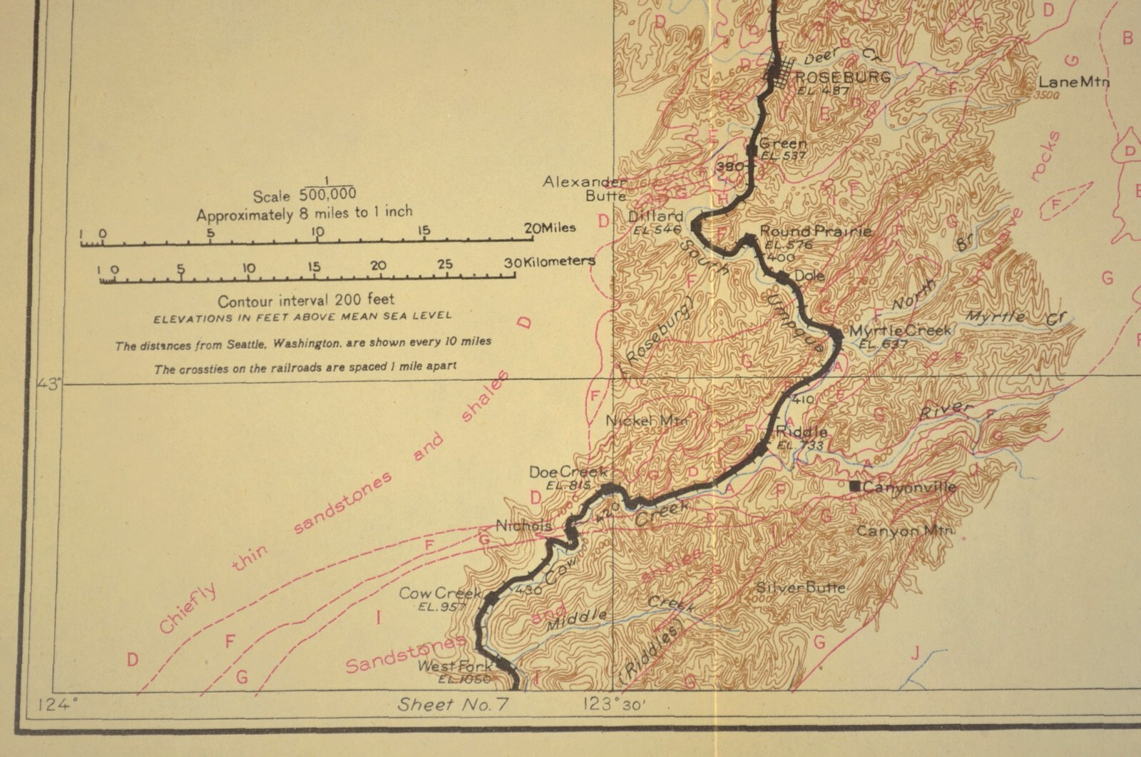 1915 Southern Pacific Railroad Map Roseburg Oregon Sutherlin Green Shasta Route