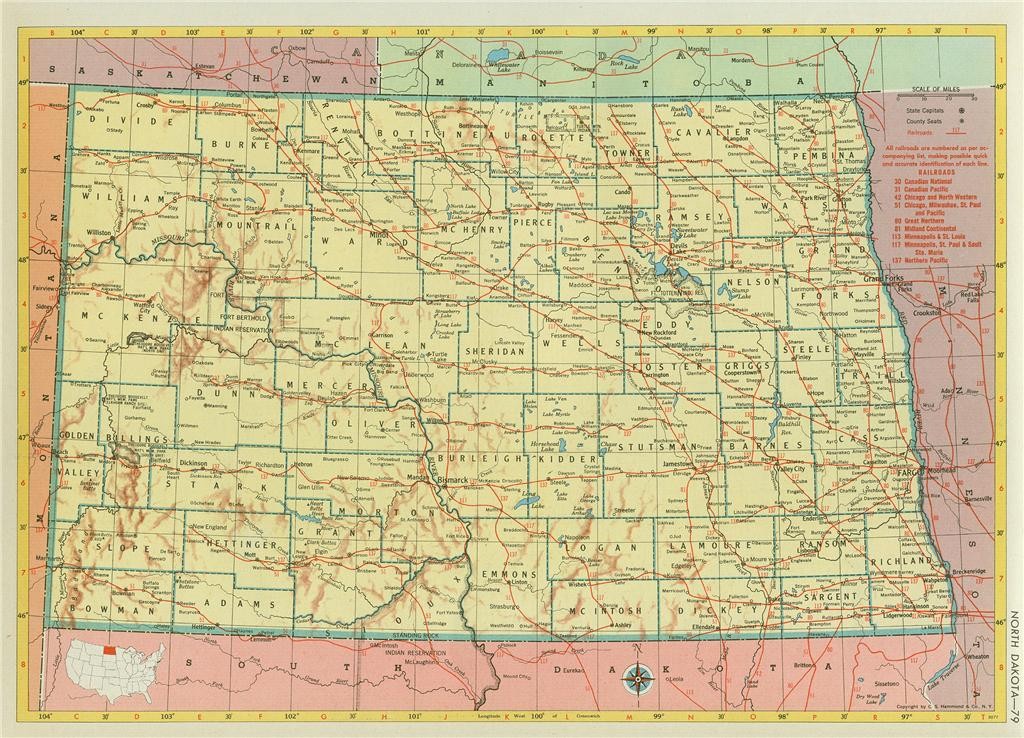 HISTORIC 1952 NORTH DAKOTA RAILROAD MAP SHOWS AND LIST ALL ND RR’s + ND RR PRINT