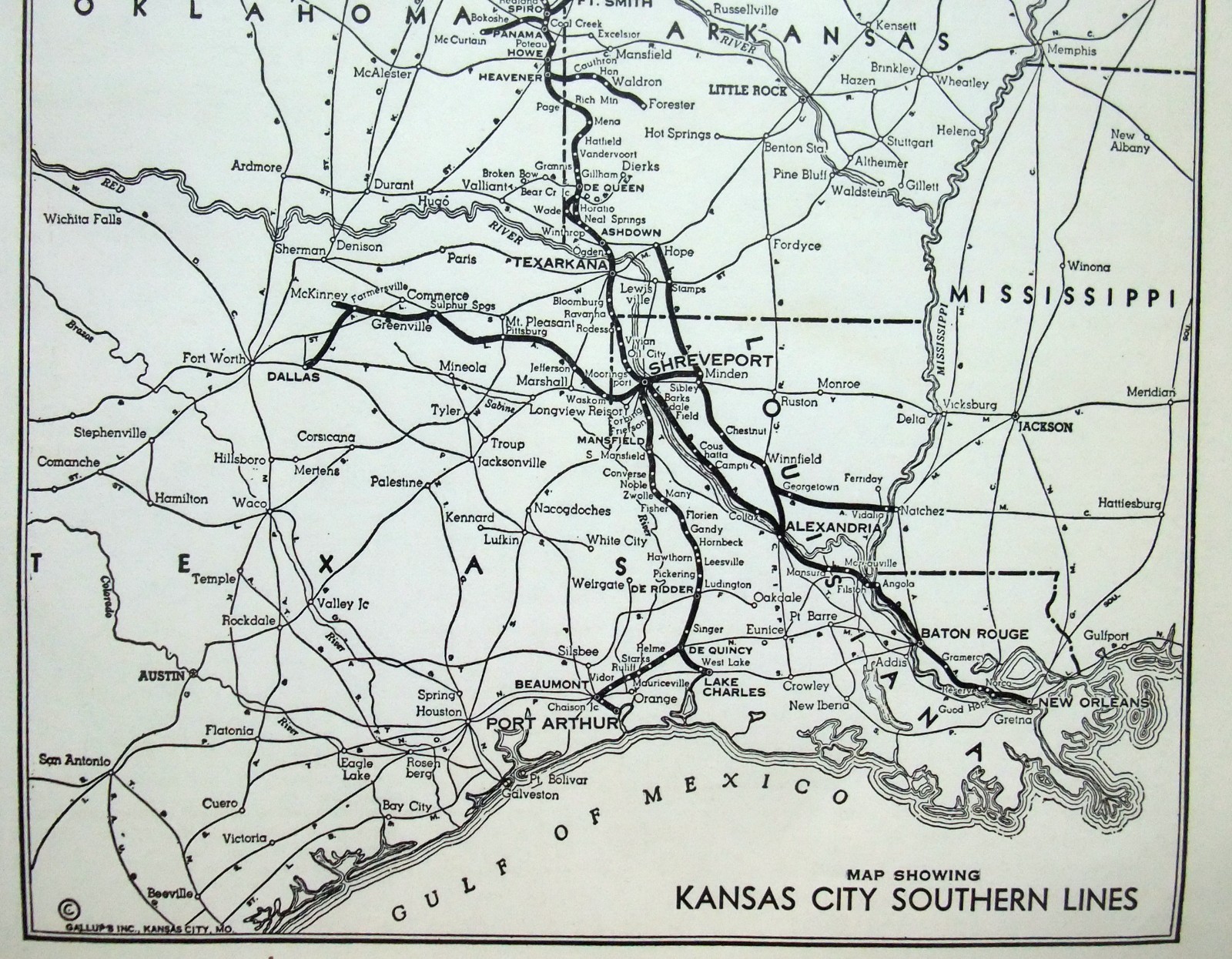 Kansas City Southern – Original 1941 Railroad System Map. Vintage