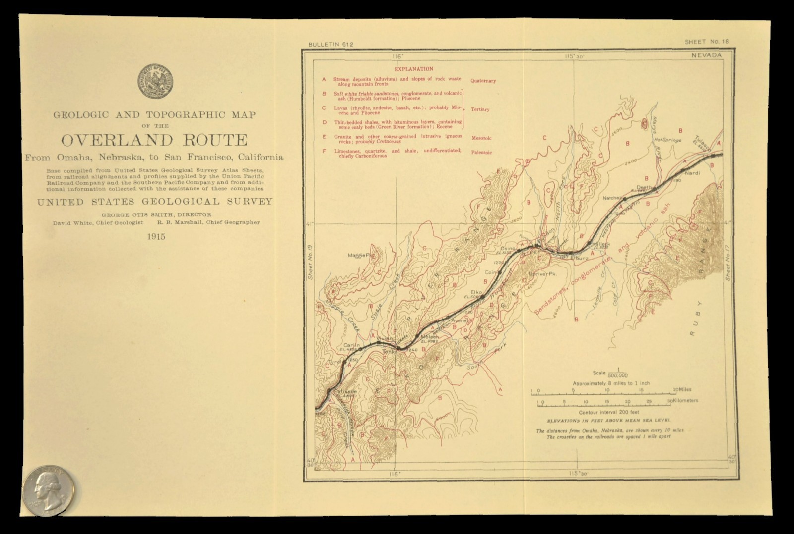 1915 Antique Central Pacific Railroad Map Elko Nevada Carlin Canyon Geological