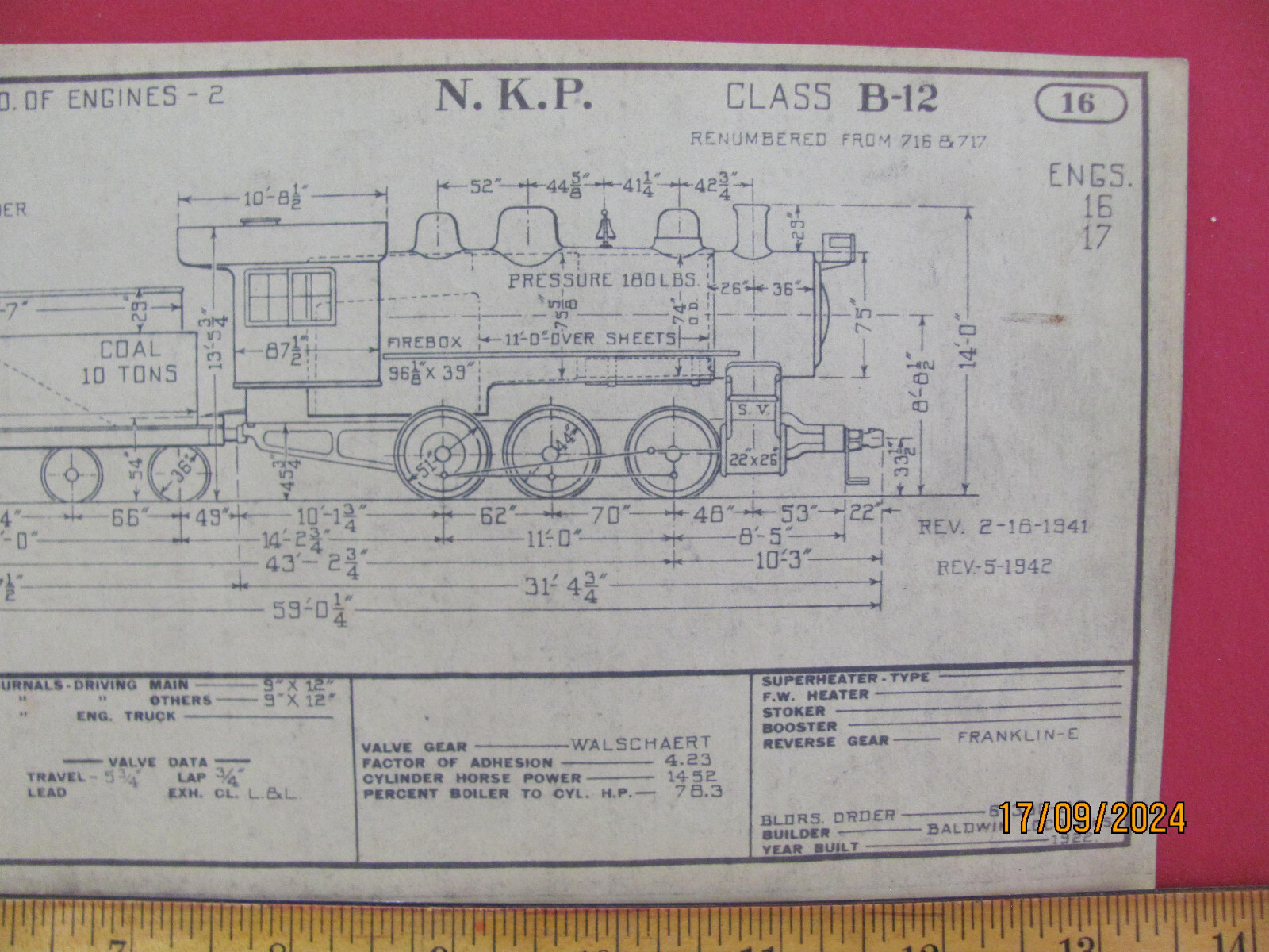 NICKLE PLATE ROAD RAILROAD ORIG 1943 DIAGRAM LOCOMOTIVE #16-17 CLASS B-12 0-6-0