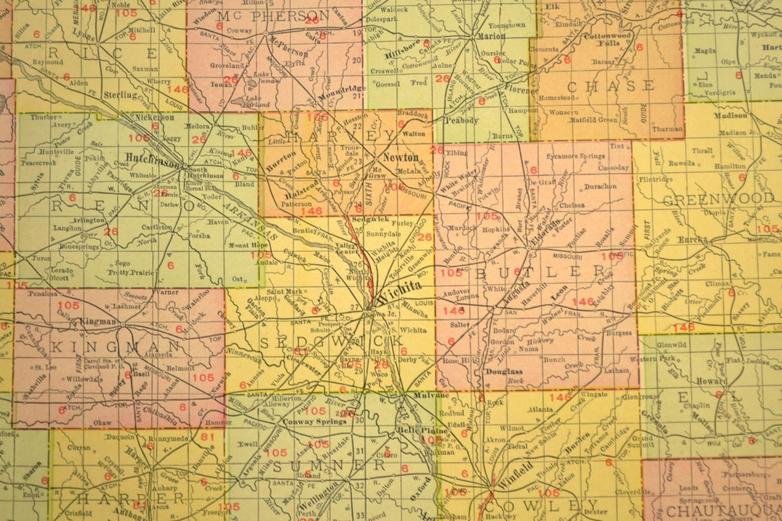 1911 Antique Kansas Railroad Map ORIGINAL Atlas Map DATED