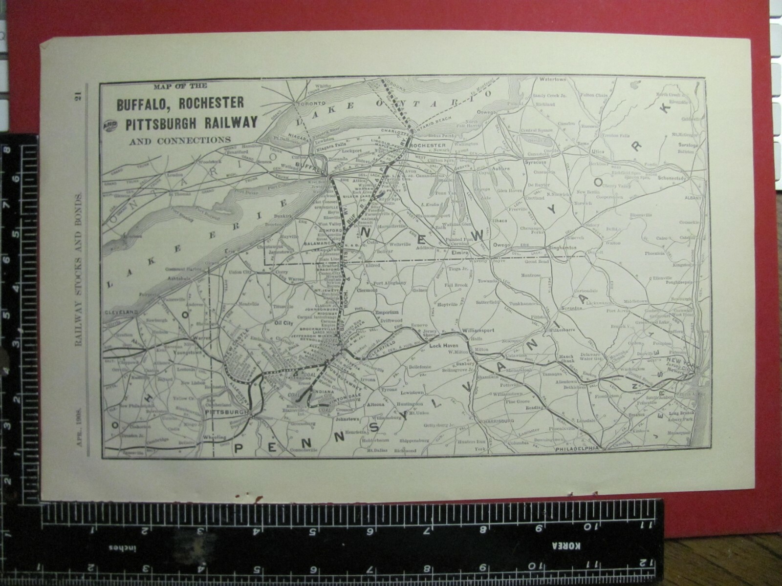 ORIG 1908 BUFFALO ROCHESTER & PITTSBURH RAILROAD SYSTEM MAP BA&P RR ROUTE NY PN