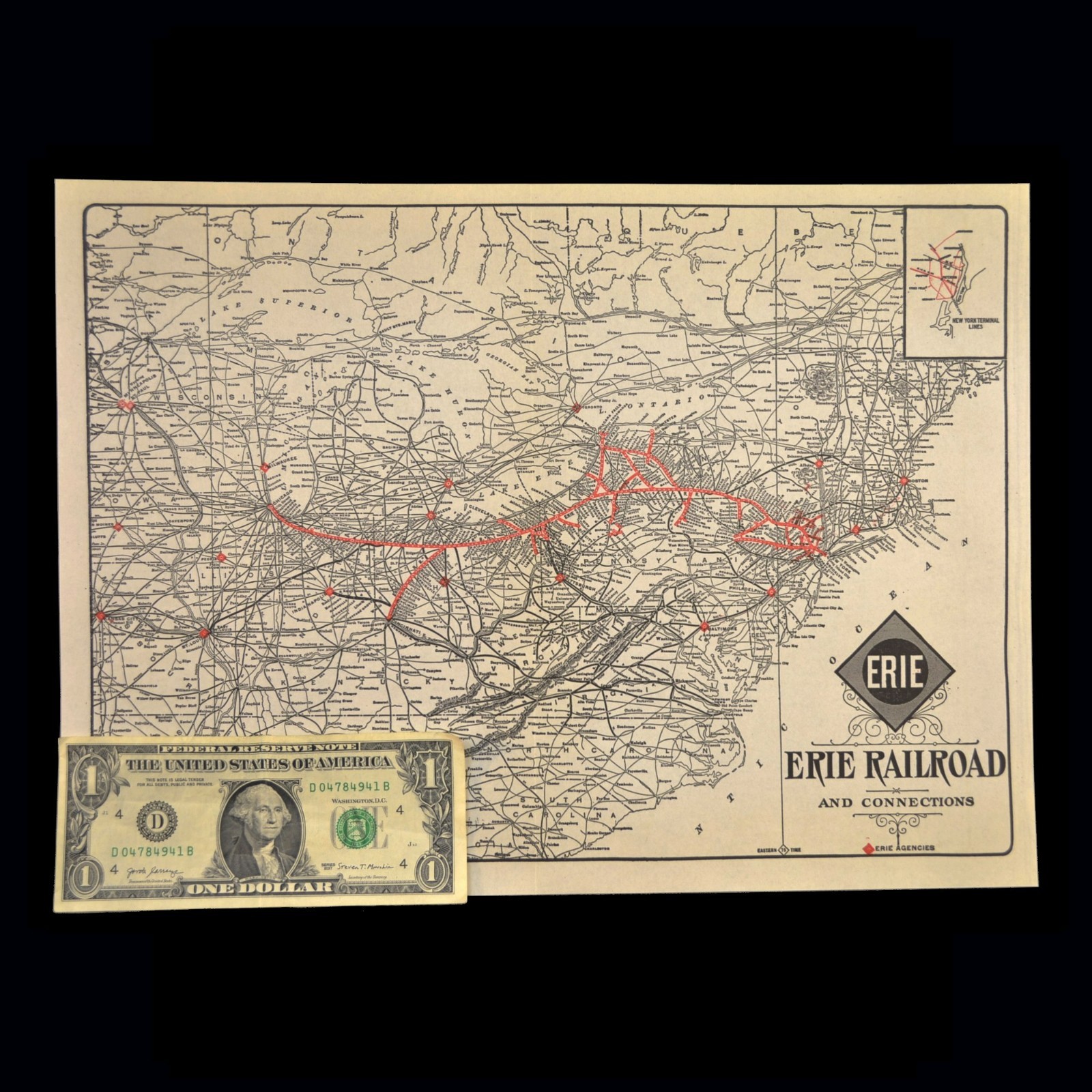 Vintage ERIE Railroad Map Wall Art Old Railway Antique Original Pittsburgh