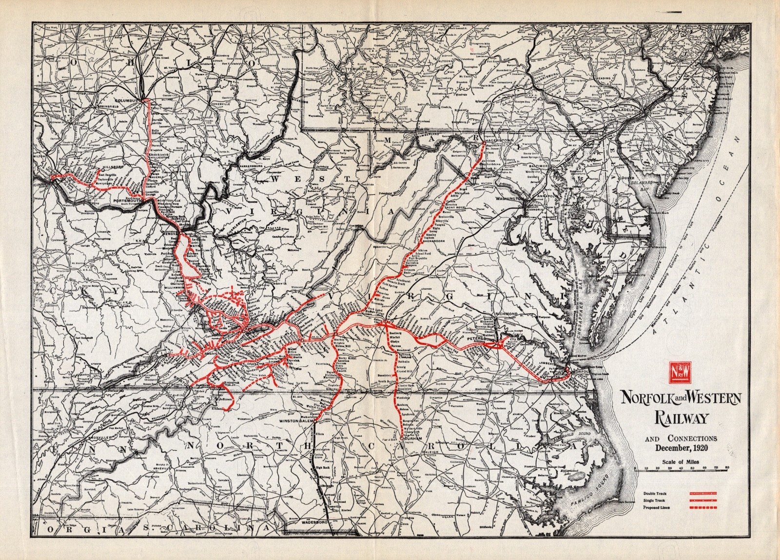 1920 Antique Norfolk & Western Railway Map Vintage Railroad Map 2456