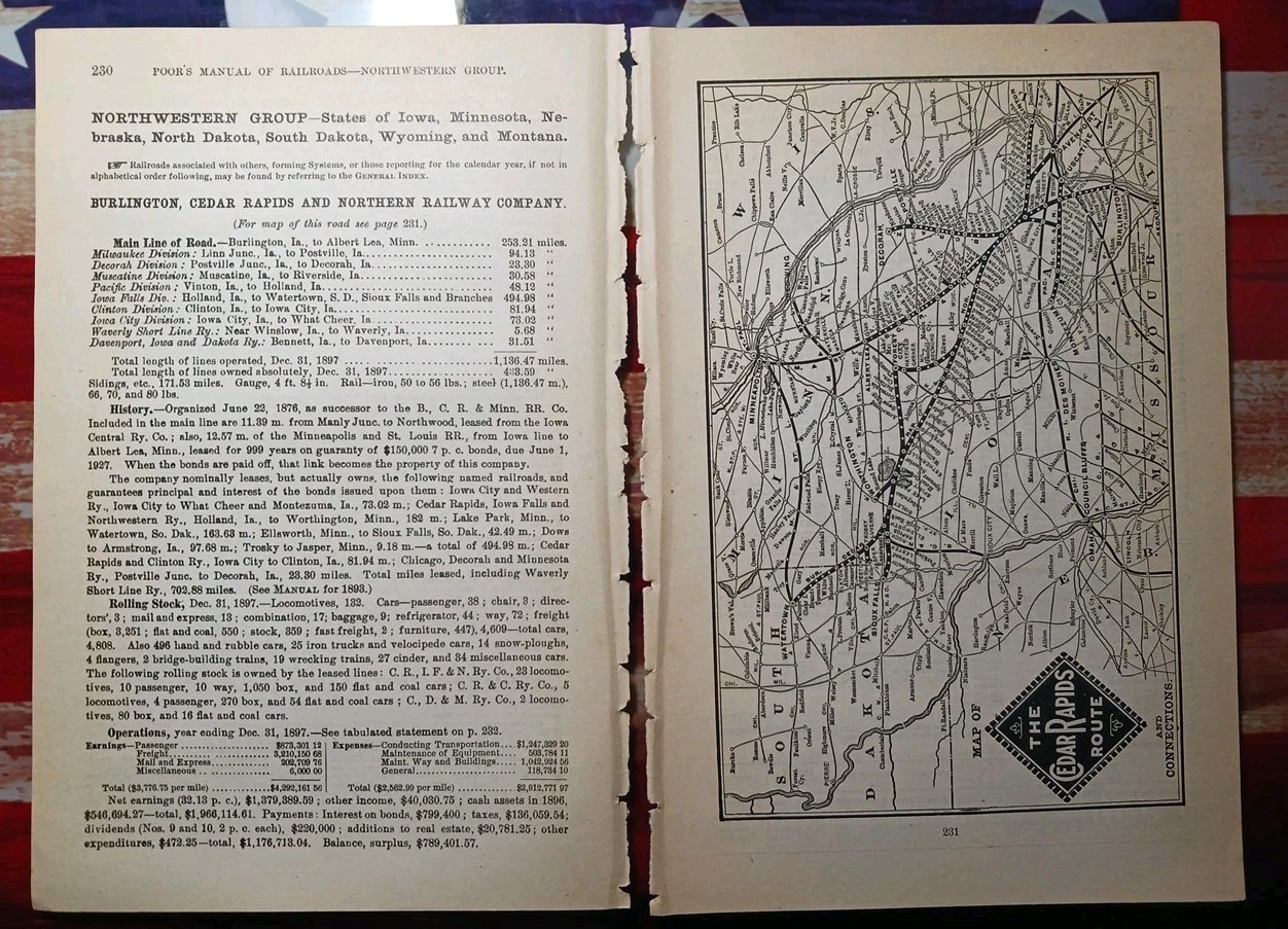 ~1898 Train Route Map + Railroad Report BURLINGTON CEDAR RAPIDS & NORTHERN Railw