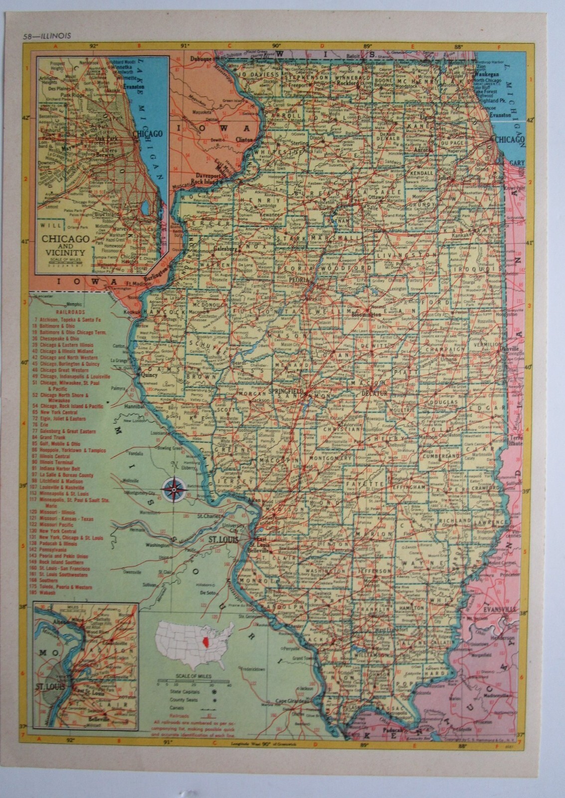 IL ID 1952 ILLINOIS RAILROAD Map. La SALLE & BUREAU CO RR, ERIE, WABASH or IDAHO