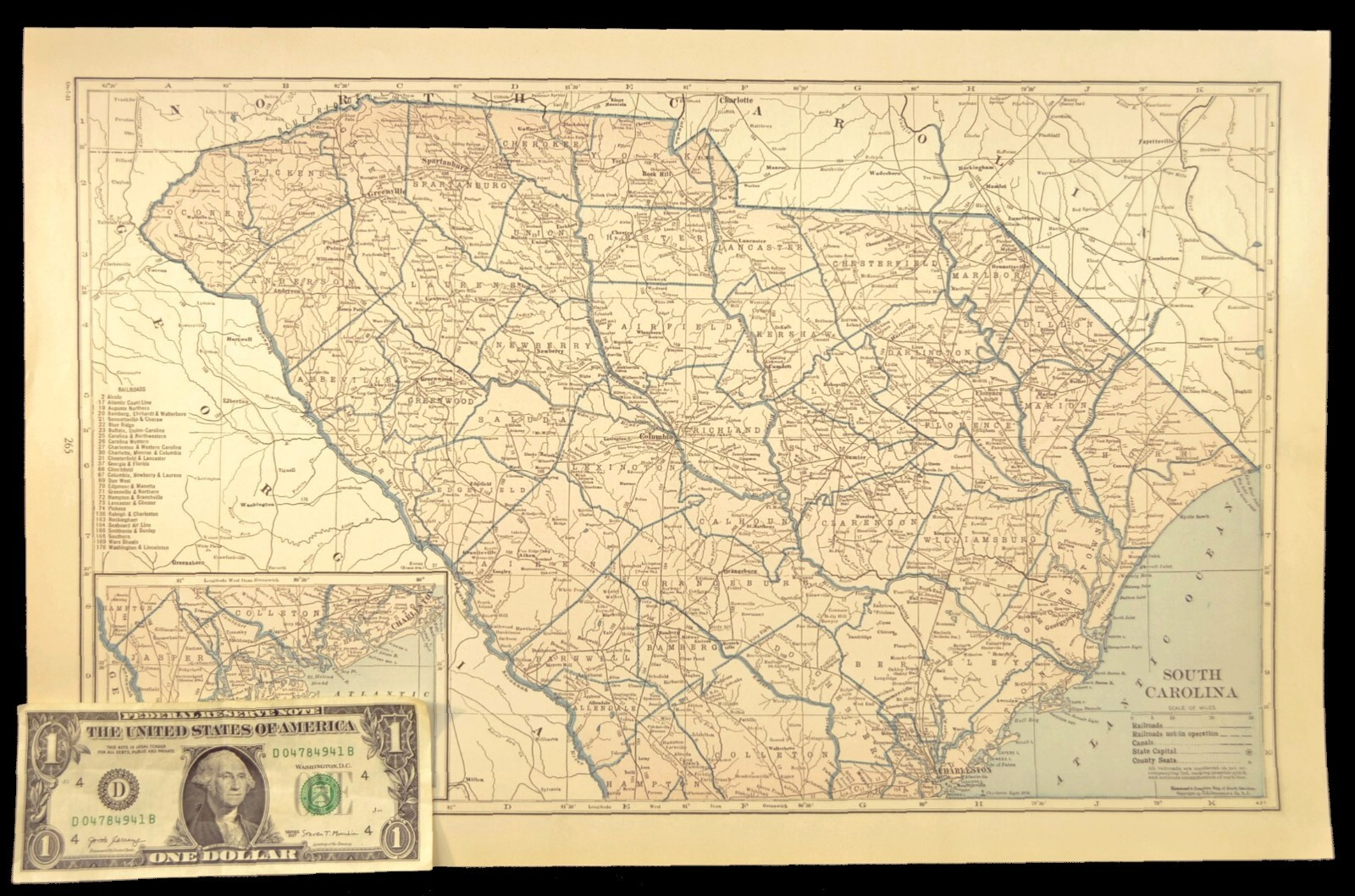 Vintage SOUTH CAROLINA Map Railroad LARGE Original Seaboard Air Line SAL RR