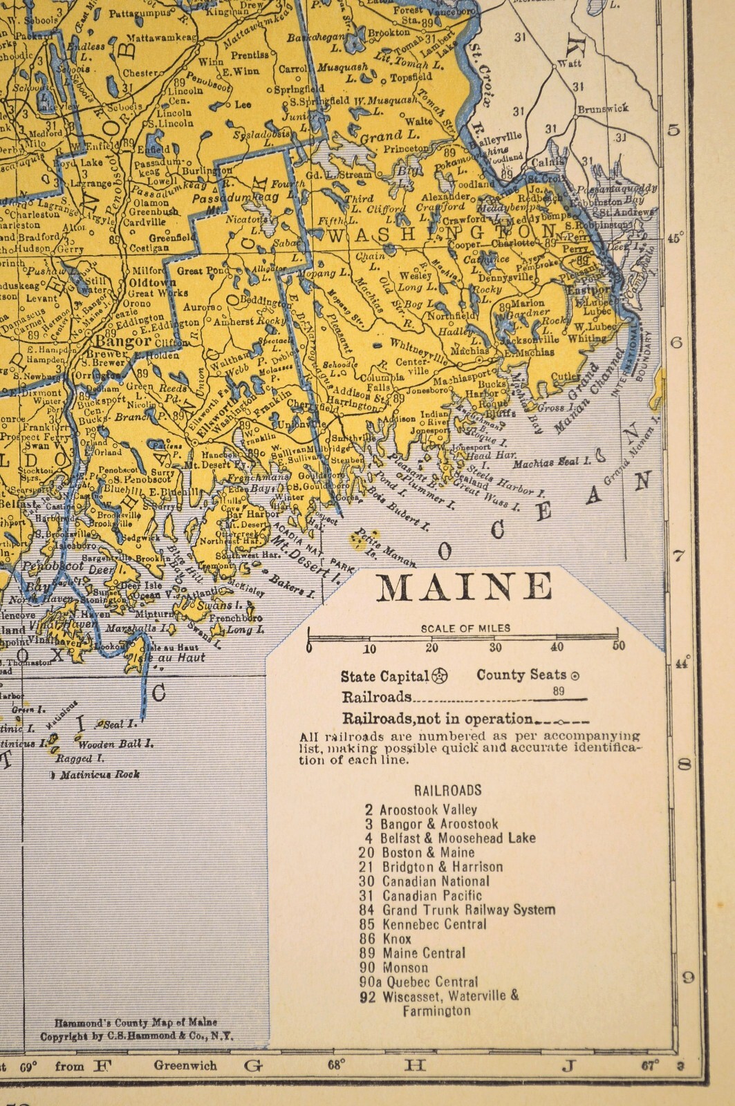 ca1939 MAINE Railroad Map Train Depot Towns MEC RR Original Historic Atlas Map