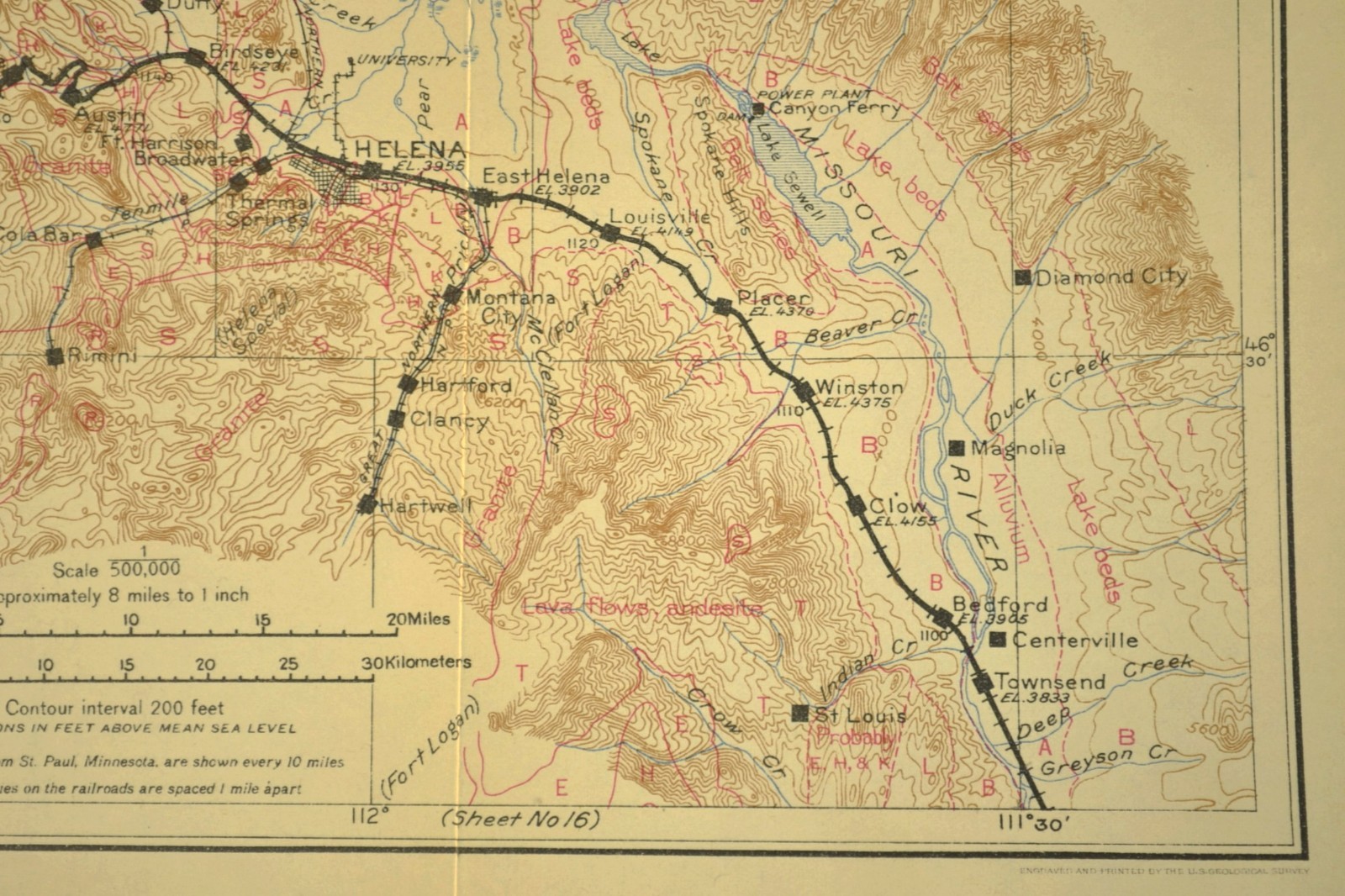 Antique Map of the Northern Pacific Railroad Line Helena Montana Geological
