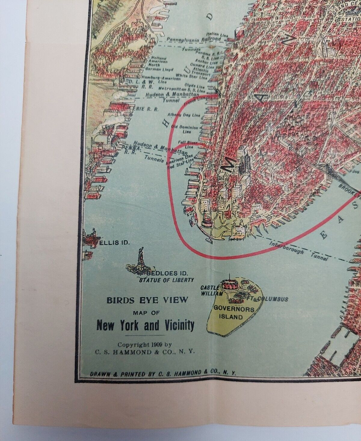 Long Island Sound Birds Eye View Map East & North Rivers 1909 CS Hammond 24×19