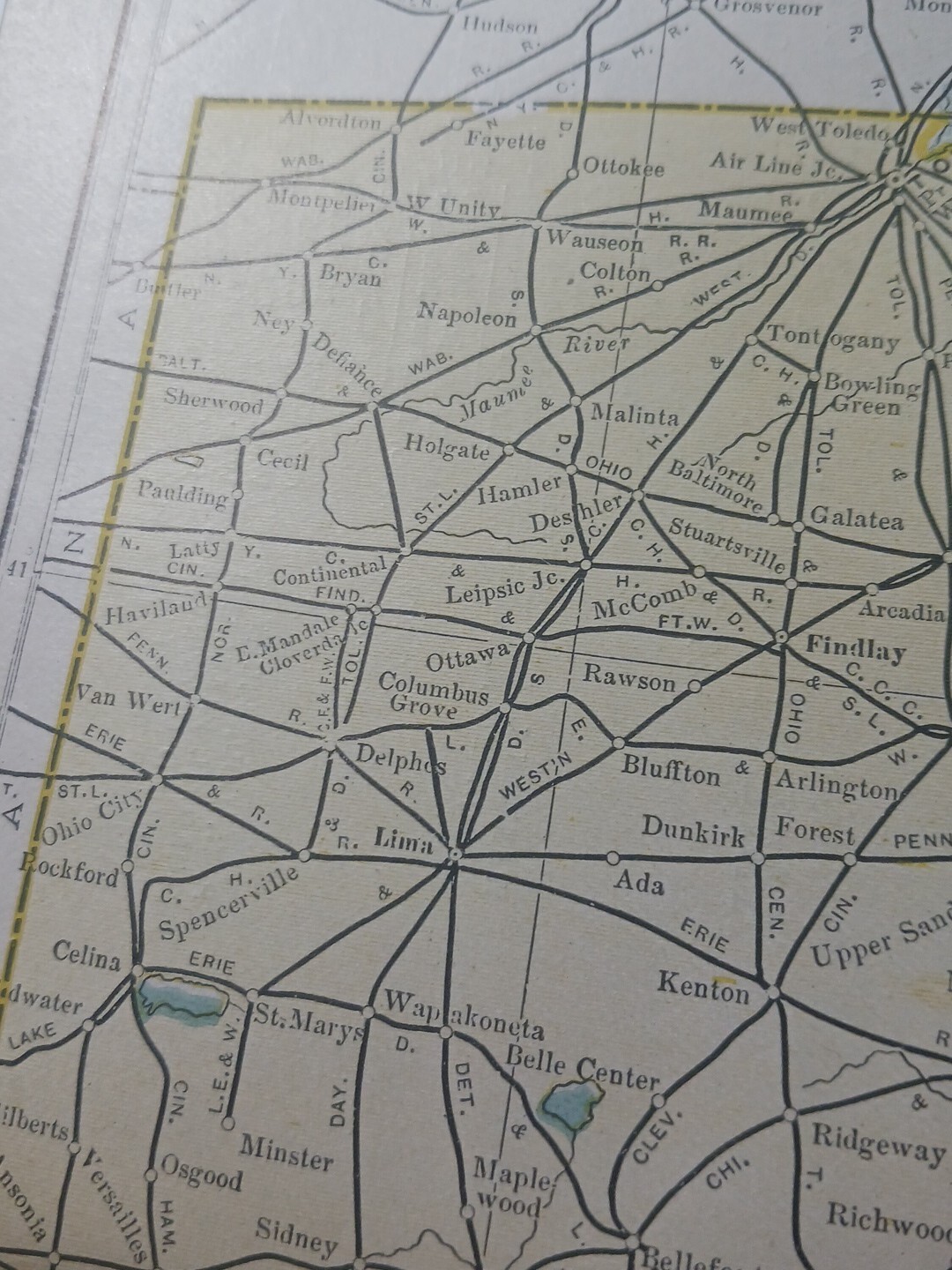 1906 Dated Train Route Map OHIO all Railroad Lines Stations Towns 11″×9″