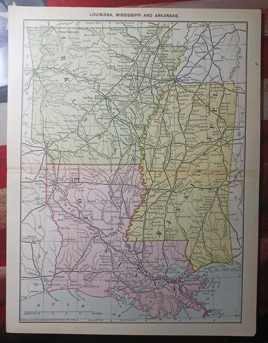 1891 Railroad Map ARKANSAS Mississippi LOUISIANA all Train Route lines 11×9″ RR