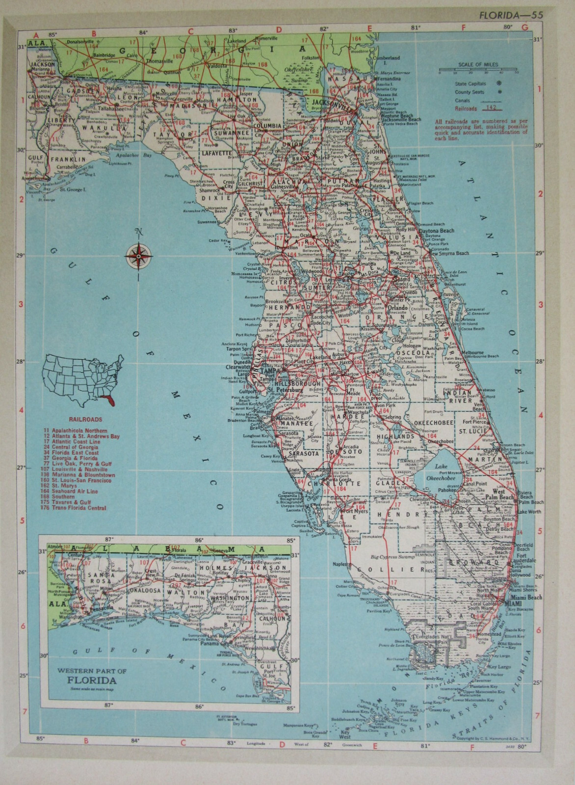 FL GA Vtg 1951 FLORIDA RAILROAD Map.MARIANNA & BLOUNTSTOWN RR ~or~ GEORGIA