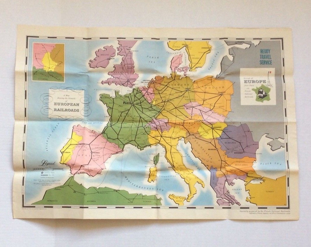 Vtg 1949 French National Railroads Map Poster