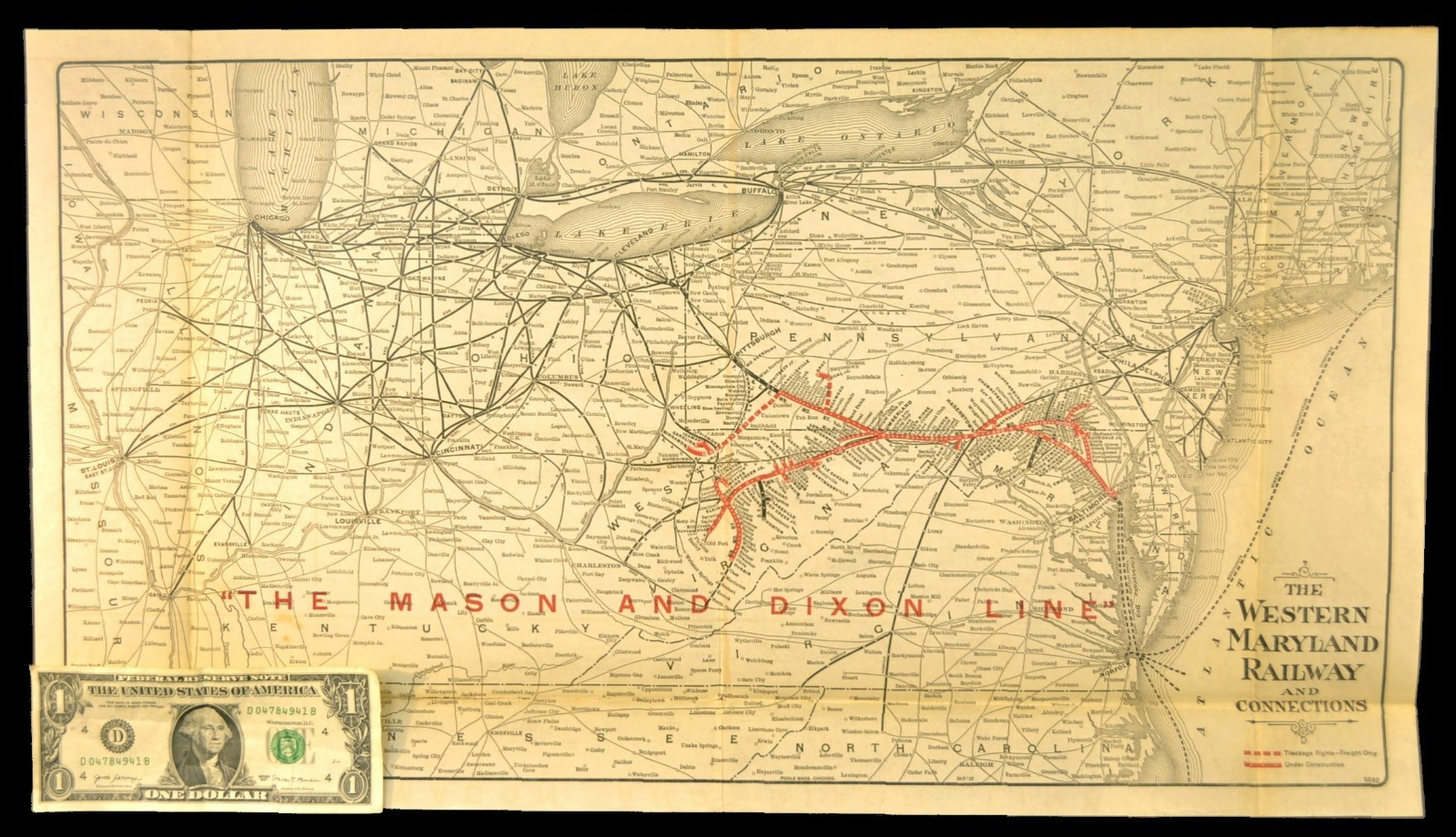 Antique WESTERN MARYLAND RAILWAY Map WM Railroad LARGE Mason Dixon Line