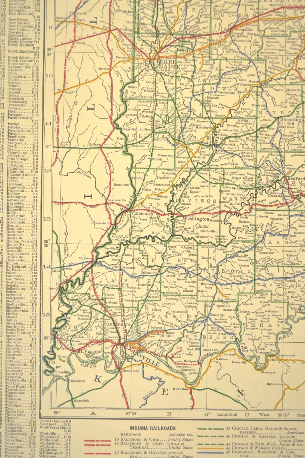 1914 Antique Map of INDIANA Railroads Map ORIGINAL Atlas Map CCC & St L Ry DATED