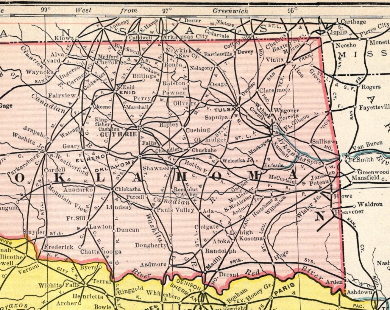 1908 Antique Texas Indian Territory and Oklahoma Railroad Map 2728