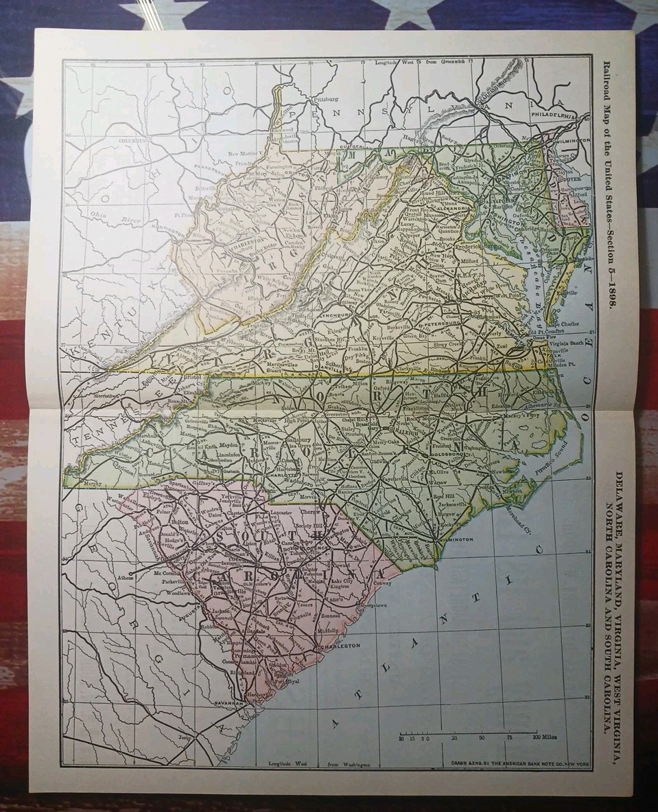 ~1898 Railroad Map Mid Atlantic Virginia Maryland WV SC NC DE Train Routes 11×9″