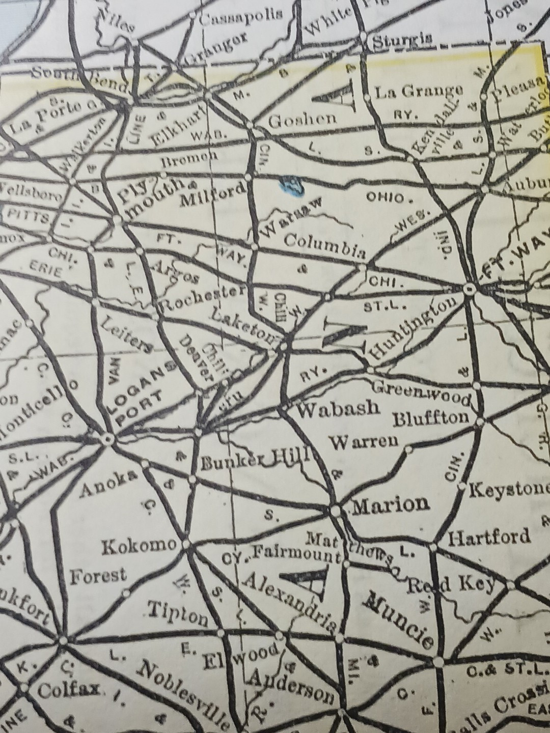 1897 Train Route Map ILLINOIS & INDIANA all Railroad Lines Station Marked 9″x11″