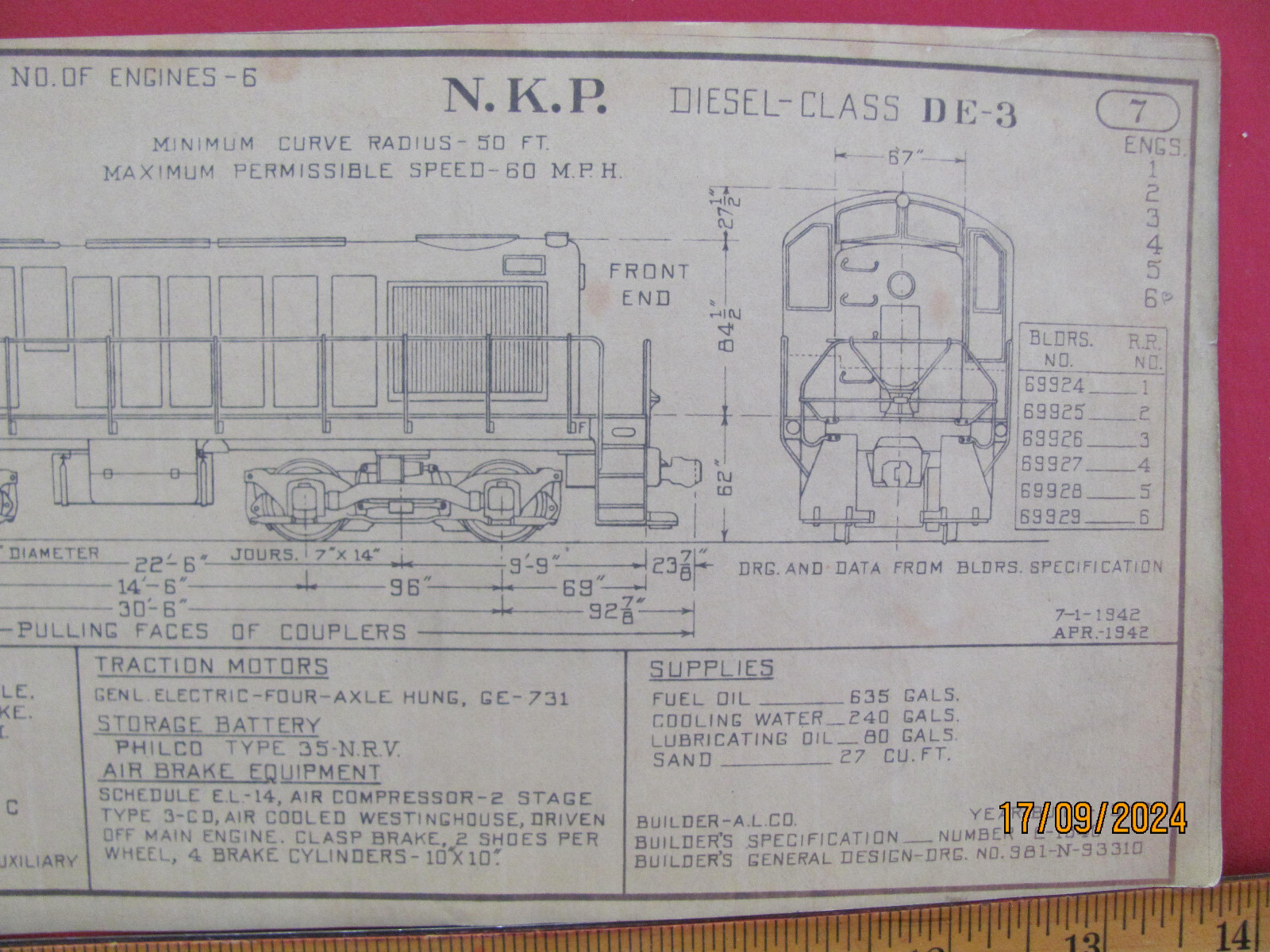 NICKLE PLATE ROAD RAILROAD ORIG 1943 DIAGRAM DIESEL LOCOMOTIVE #1-6 CLASS DE-3