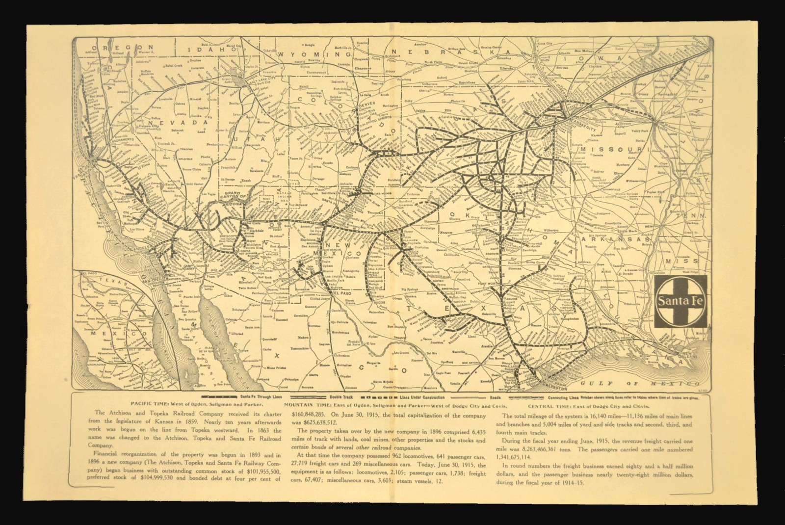 ca 1915 Santa Fe Railroad Map Original Double Track Kansas City San Francisco