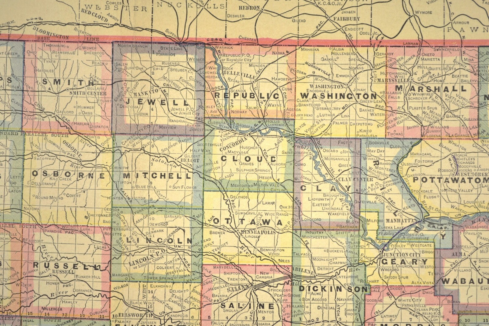 Antique KANSAS Map Railroad LARGE Original AT&SF Missouri Pacific RR MKT