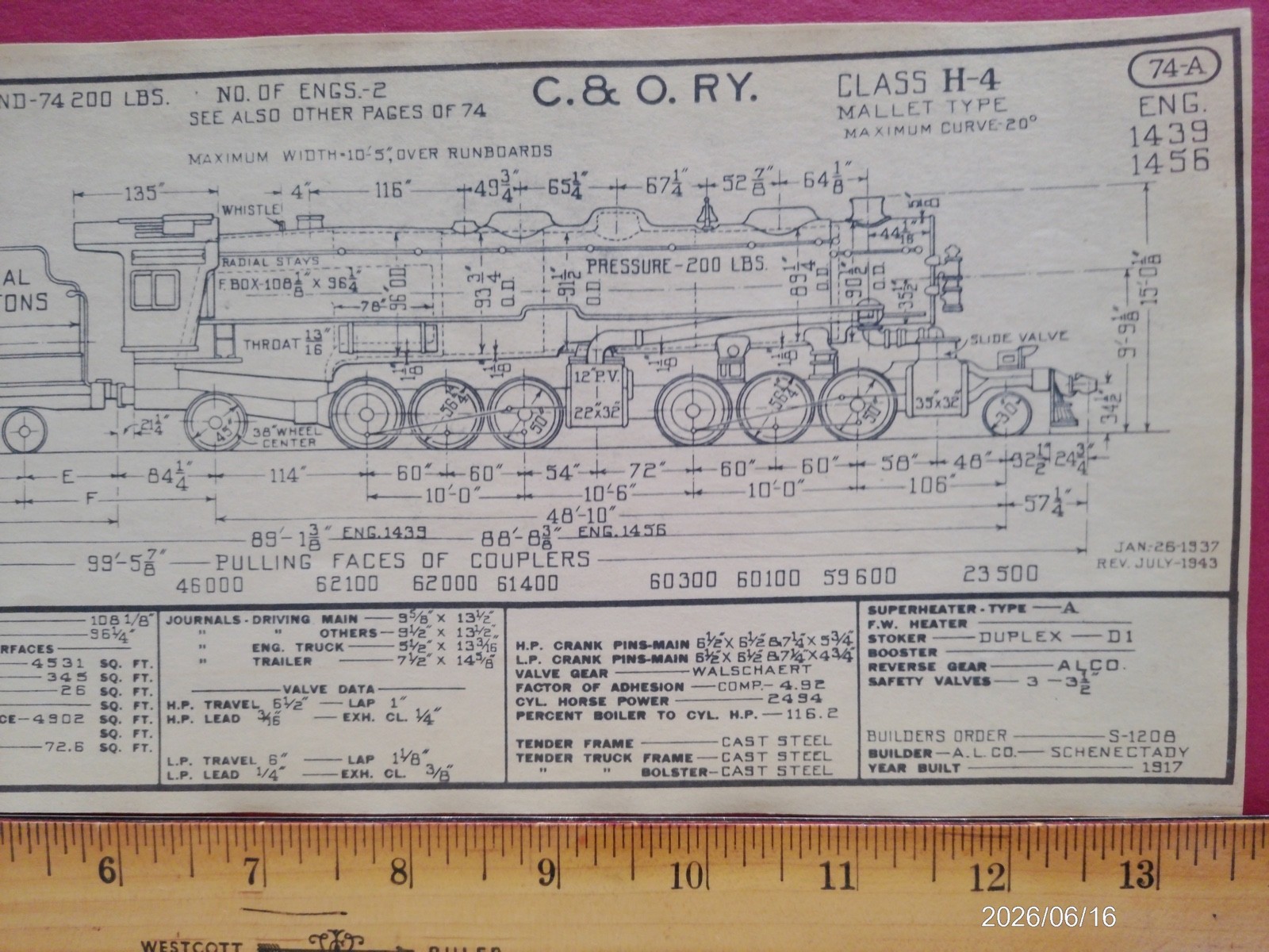 CHESAPEAKE & OHIO RAILROAD ORIG PRINTED DIAGRAM CLASS H-4 LOCOMOTIVE #1439 #1456