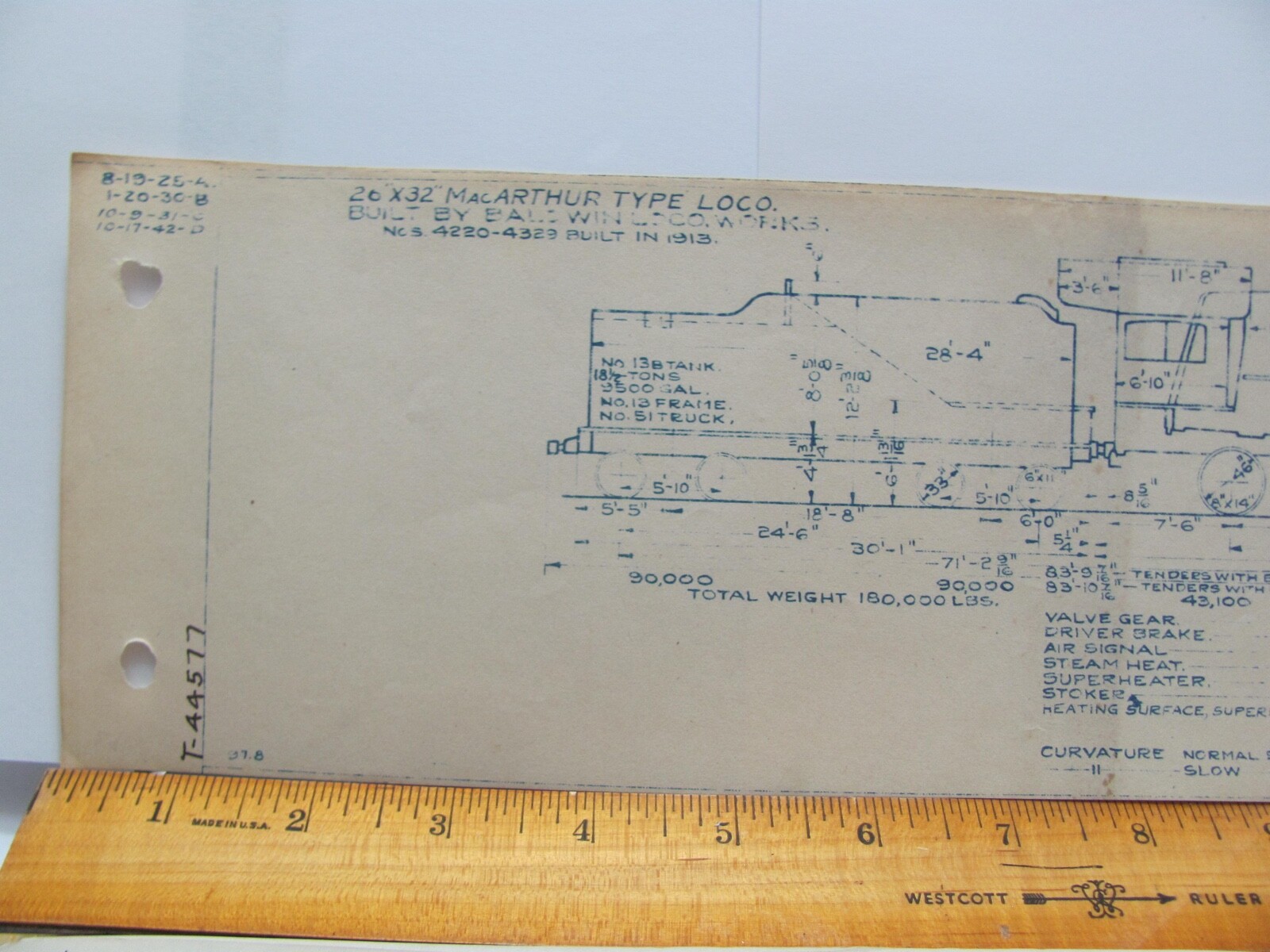 BALTIMORE & OHIO RAILROAD ORIG BLUEPRINT DATA DIAGRAM Q-1C LOCOMOTIVE #4220-4329