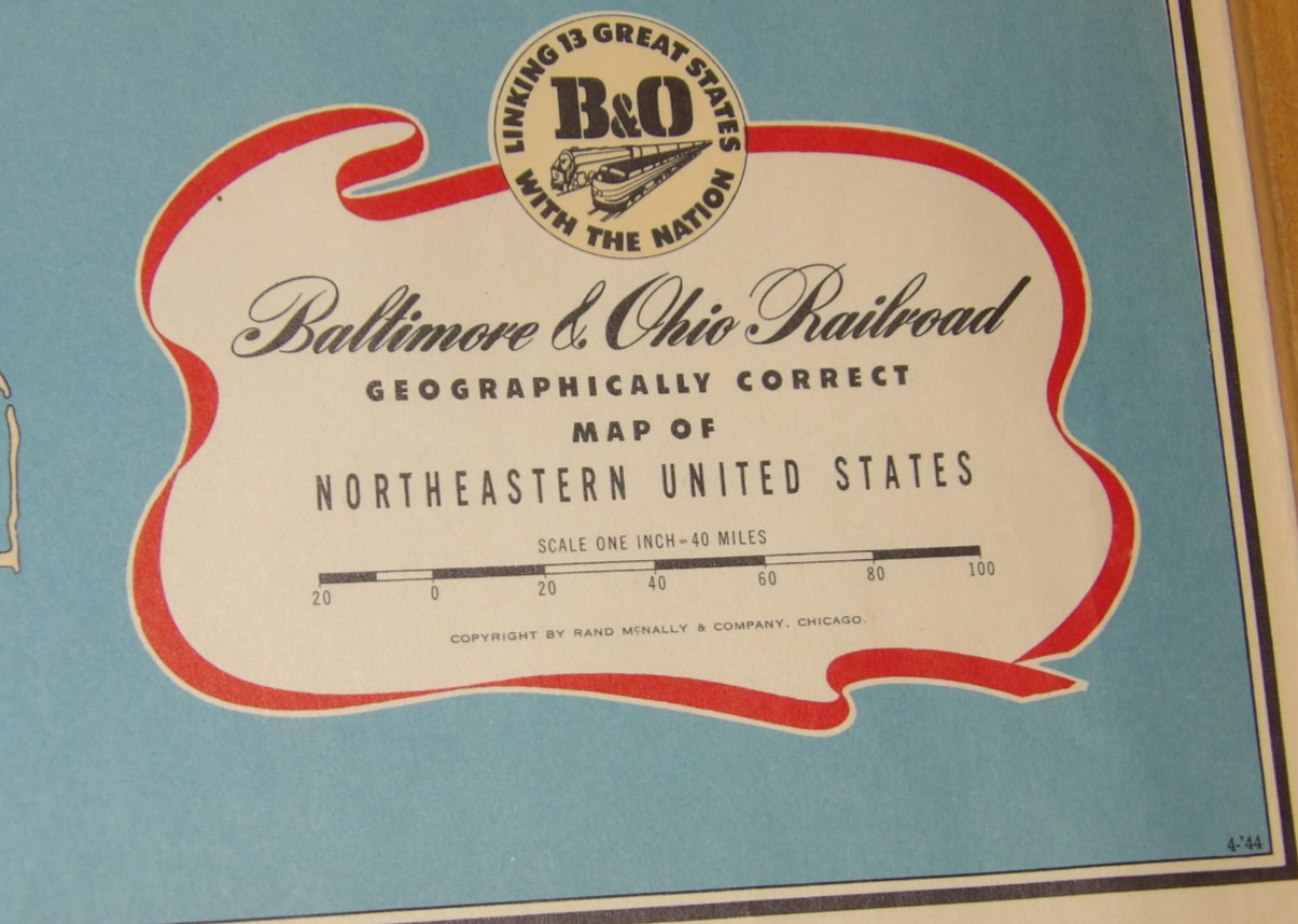 1950s B&O/BALTIMORE & OHIO RR GEOGRAPHICALLY CORRECT MAP/POSTER NORTHEASTERN USA