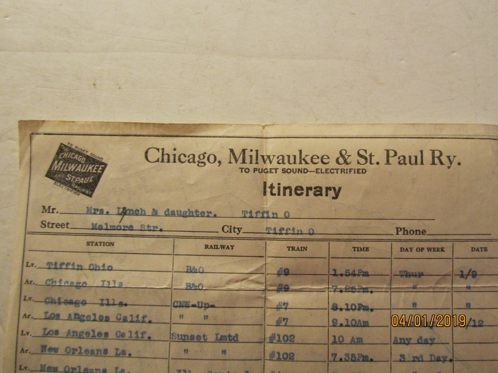 1930 Chicago, Milwaukee & St Paul Ry Itinerary Tiffin Ohio to Los Angeles
