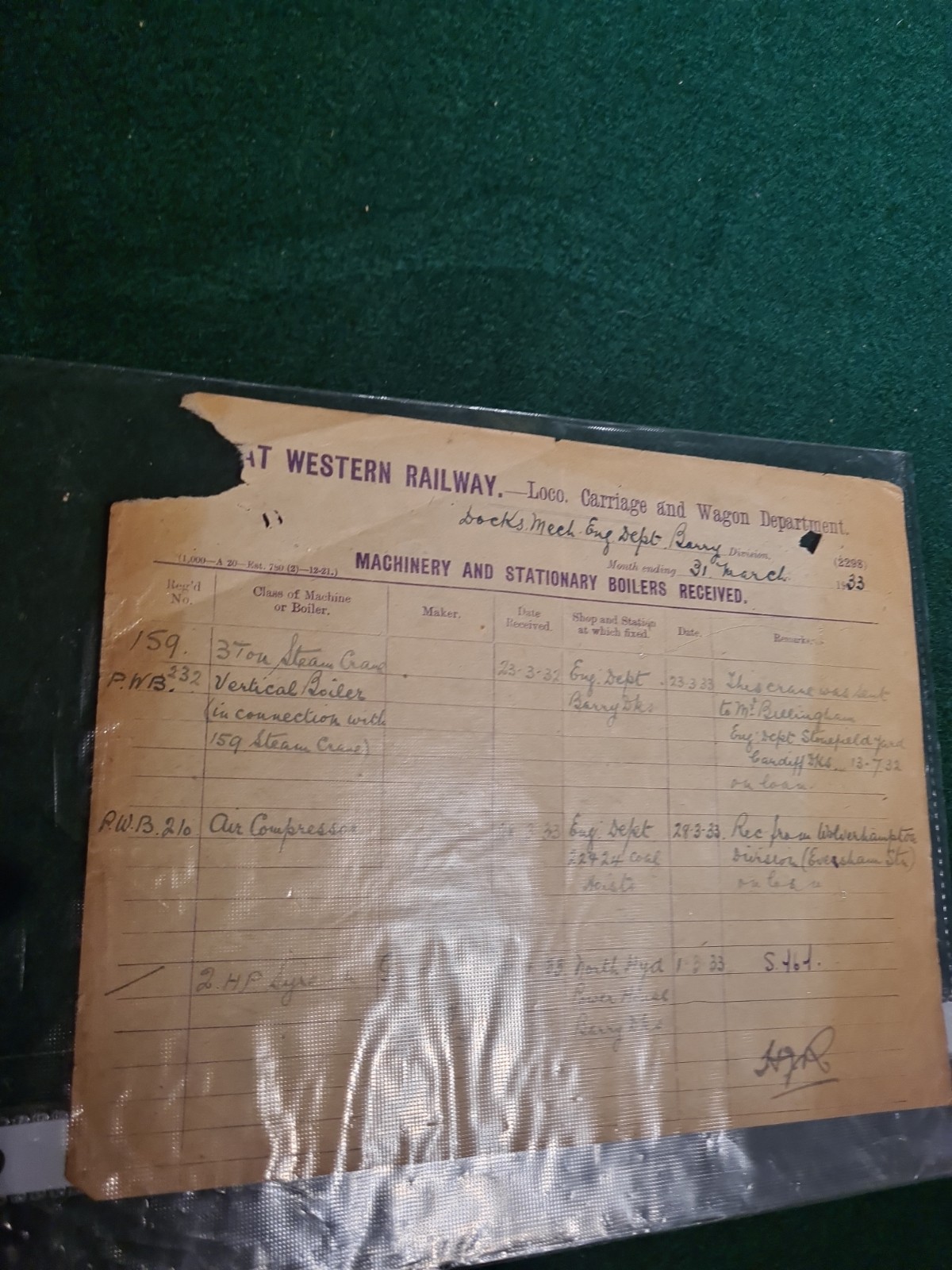 GWR Railway Barry Docks – 159 3ton Steam Crane – 1933 – Mechanical Engineers Dep