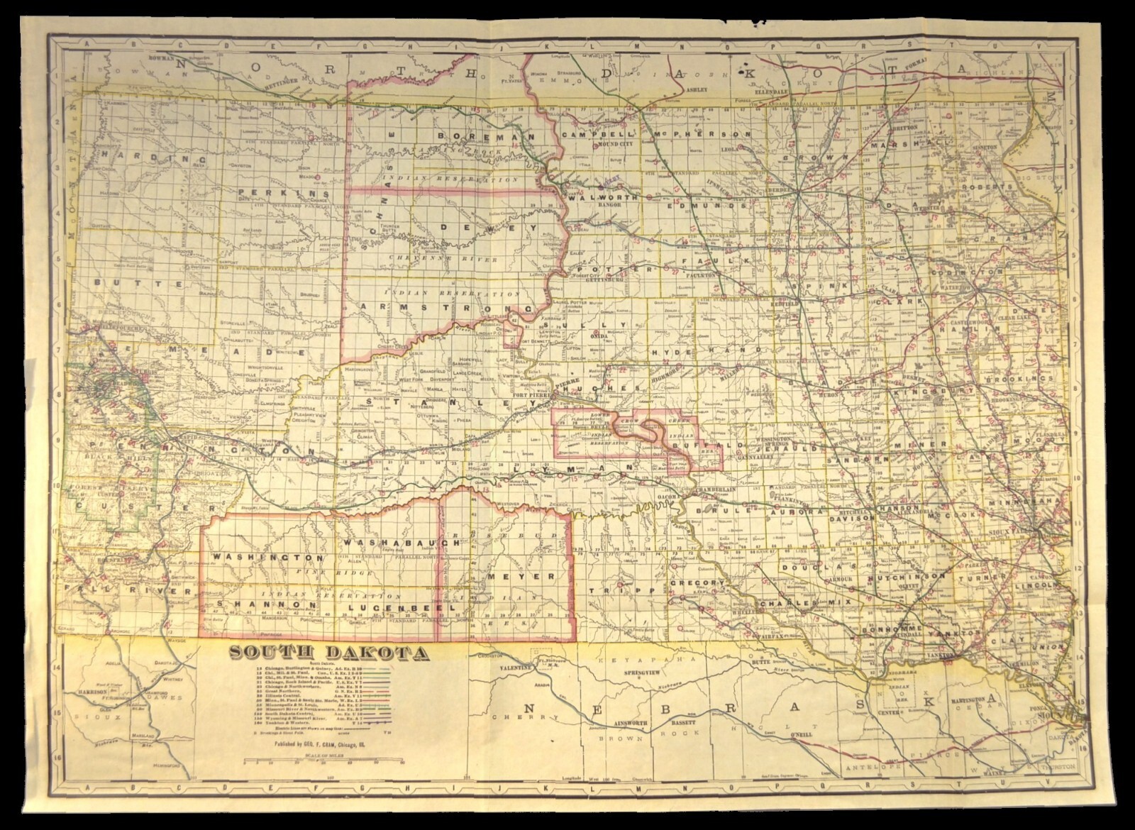 ca 1905 South Dakota Railroad Map Yankton & Western RR Wyoming & Missouri River