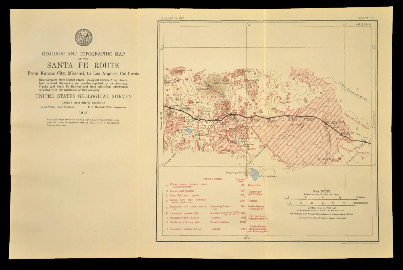 1915 Antique Santa Fe Railroad Map Line Flagstaff Arizona Cliffs AZ Geological