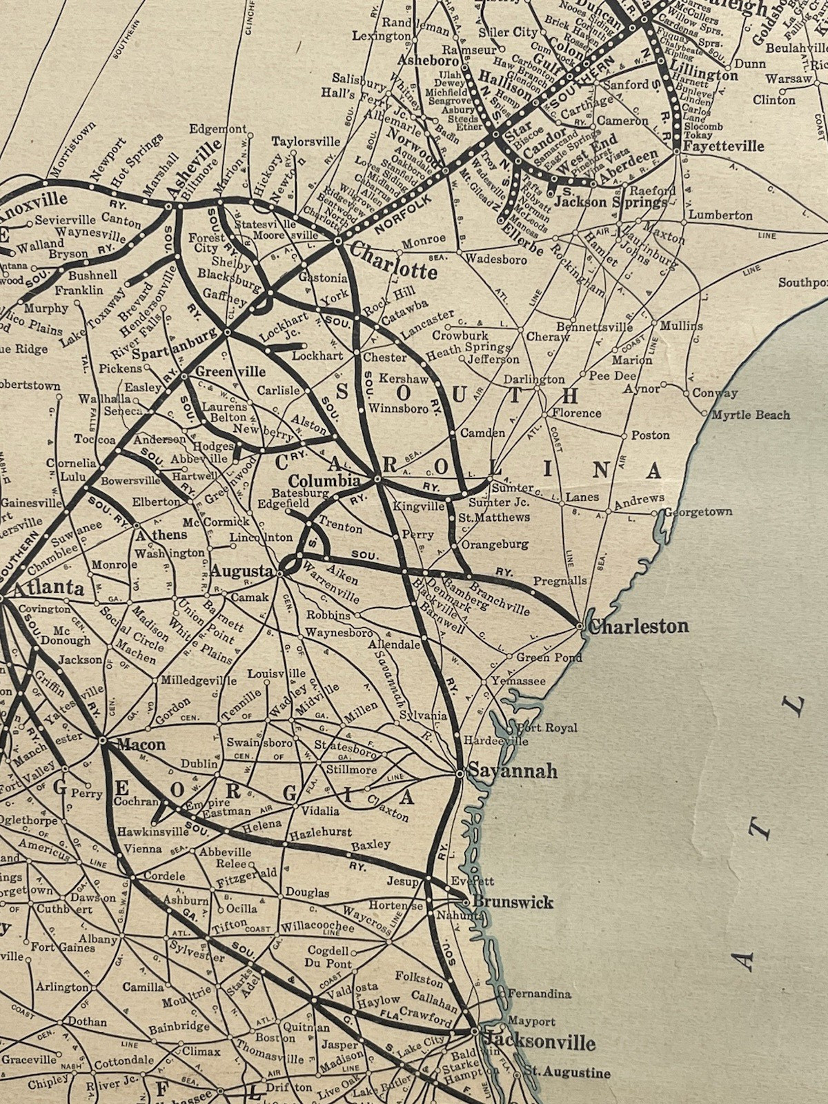 Antique c. 1940s Norfolk Southern Railroad System Track Wall Map Dixie Air Line