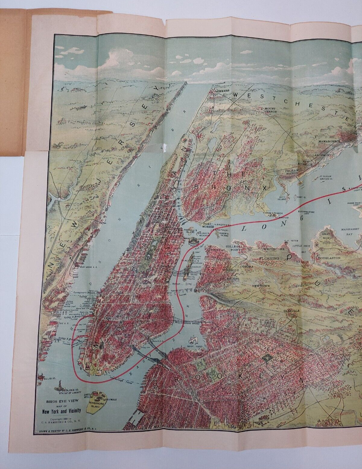 Long Island Sound Birds Eye View Map East & North Rivers 1909 CS Hammond 24×19