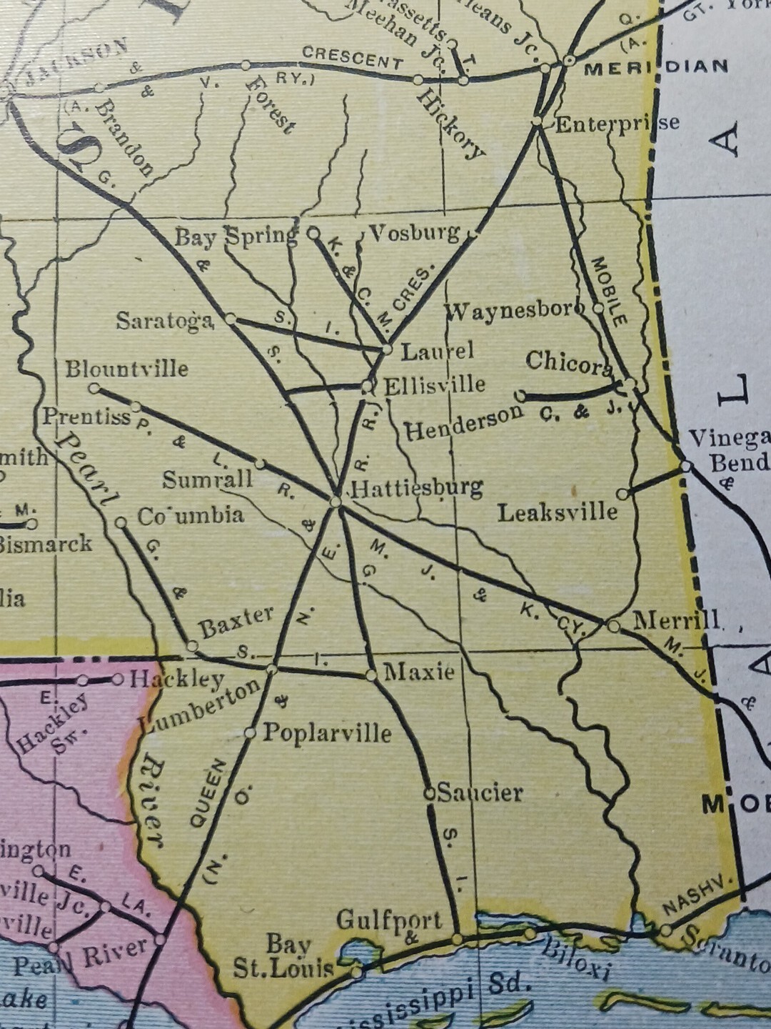 1904 Railroad Map LOUISIANA Arkansas MISSISSIPPI All Lines Train Routes 11″x9″