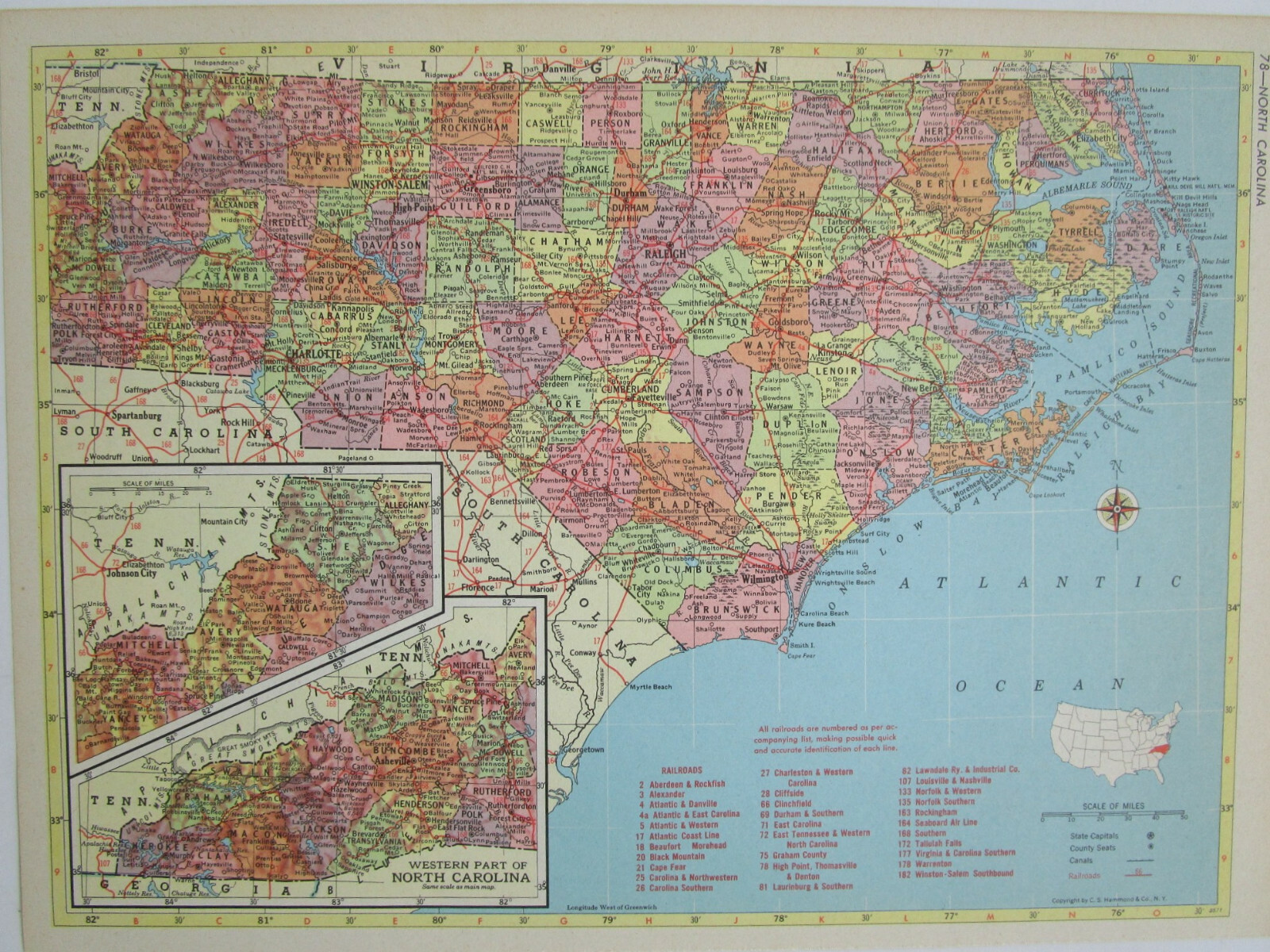 NC NY 1957 NORTH CAROLINA RAILROAD MAP BEUFORT MOREHEAD RR or NEW YORK 1950s