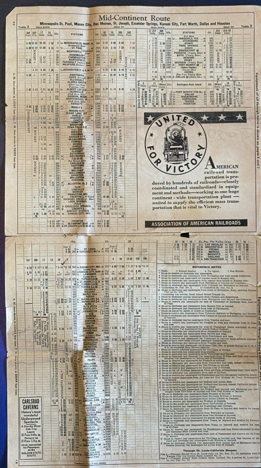 VTG American Railroad Map California To AZ “Rocky Mountain Rocket” 1940’s-50’s
