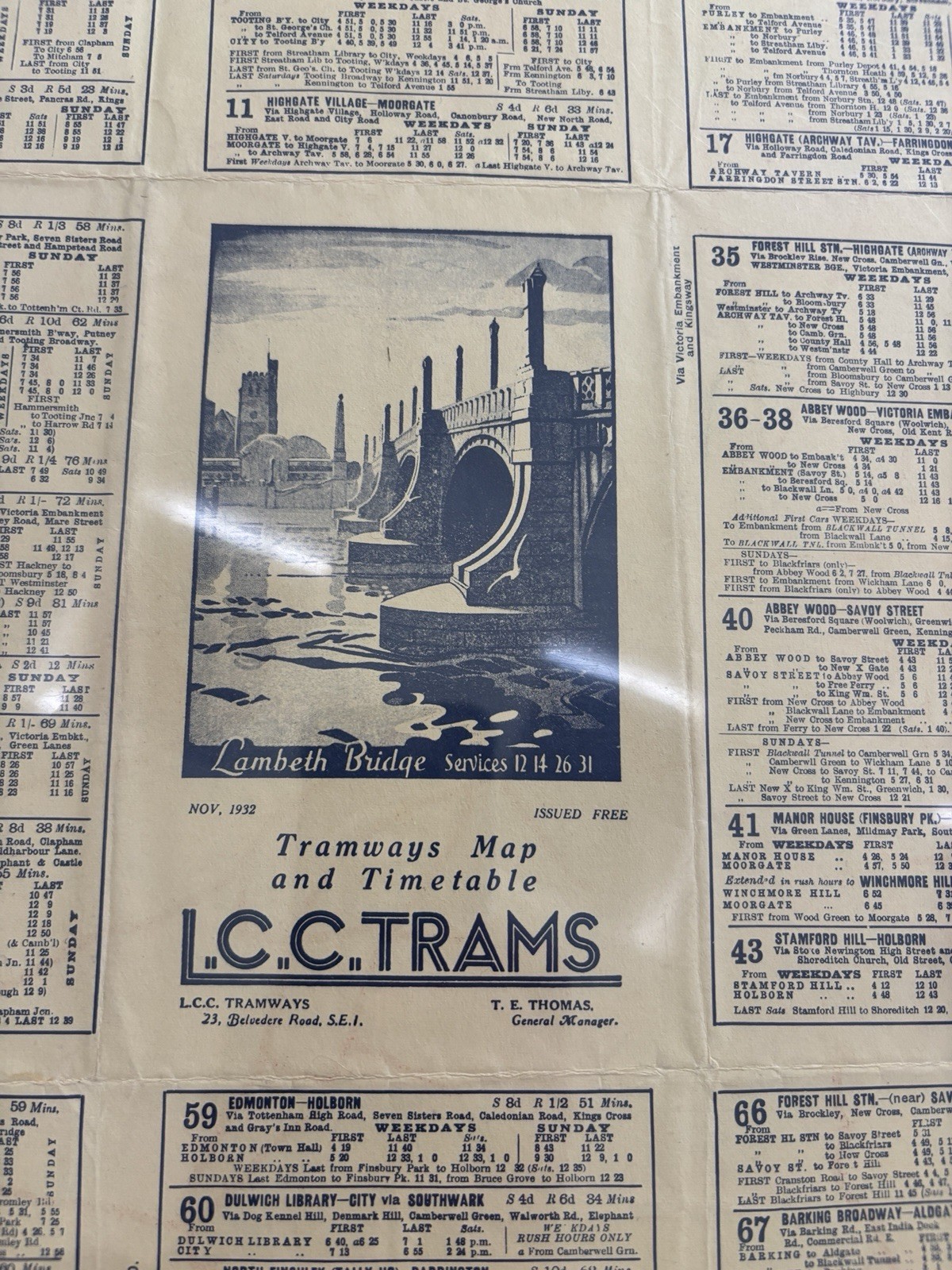 1932 LCC Trams Map Timetable London County Council Tramways Original Nov