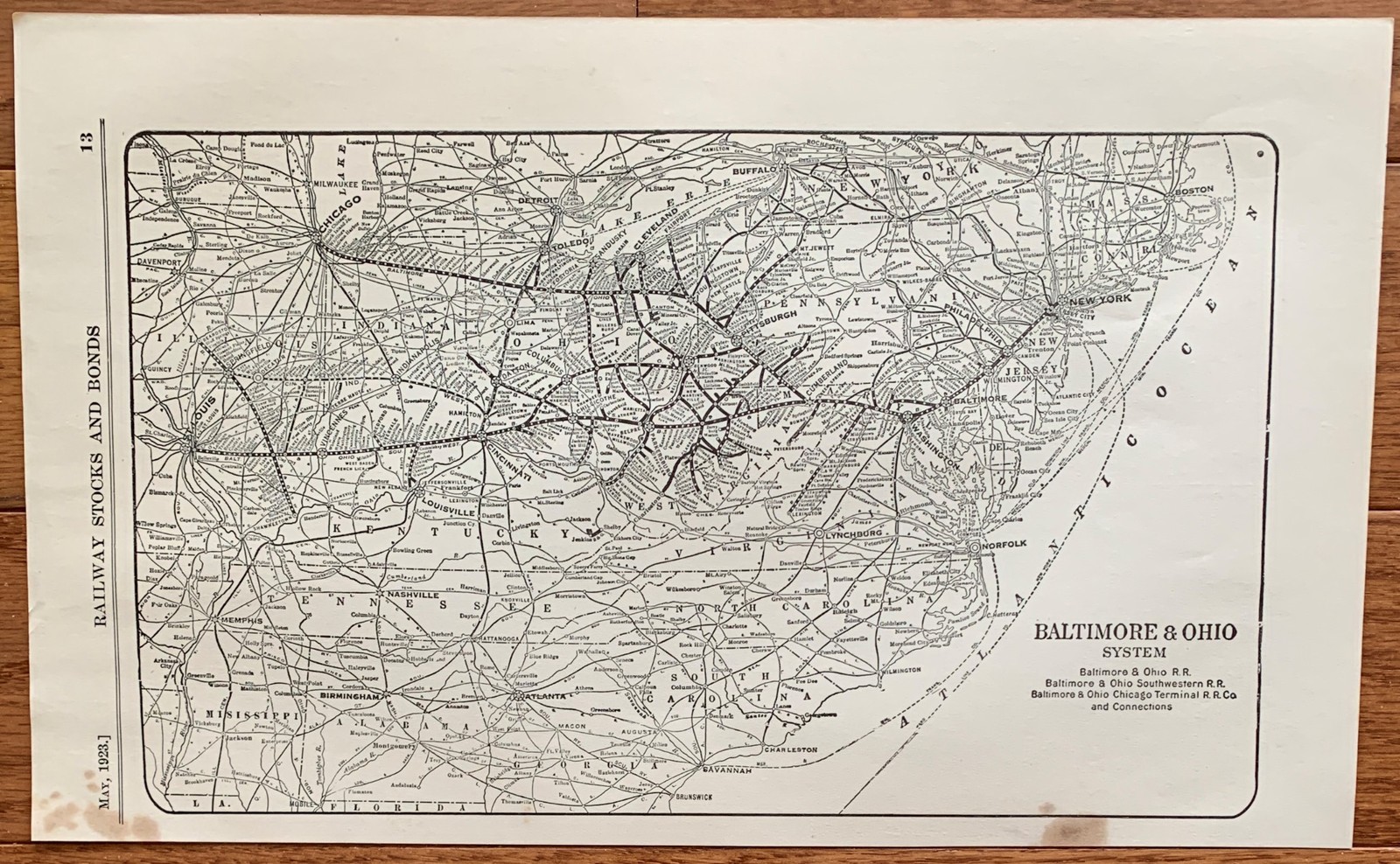 1923 Antique BALTIMORE & OHIO SYSTEM Map Vintage RAILWAY Map