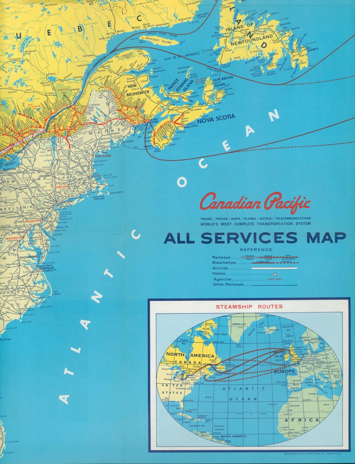 1969 Canadian Pacific Railways (CP)All Services Wall Map Train Steamship Air CAN
