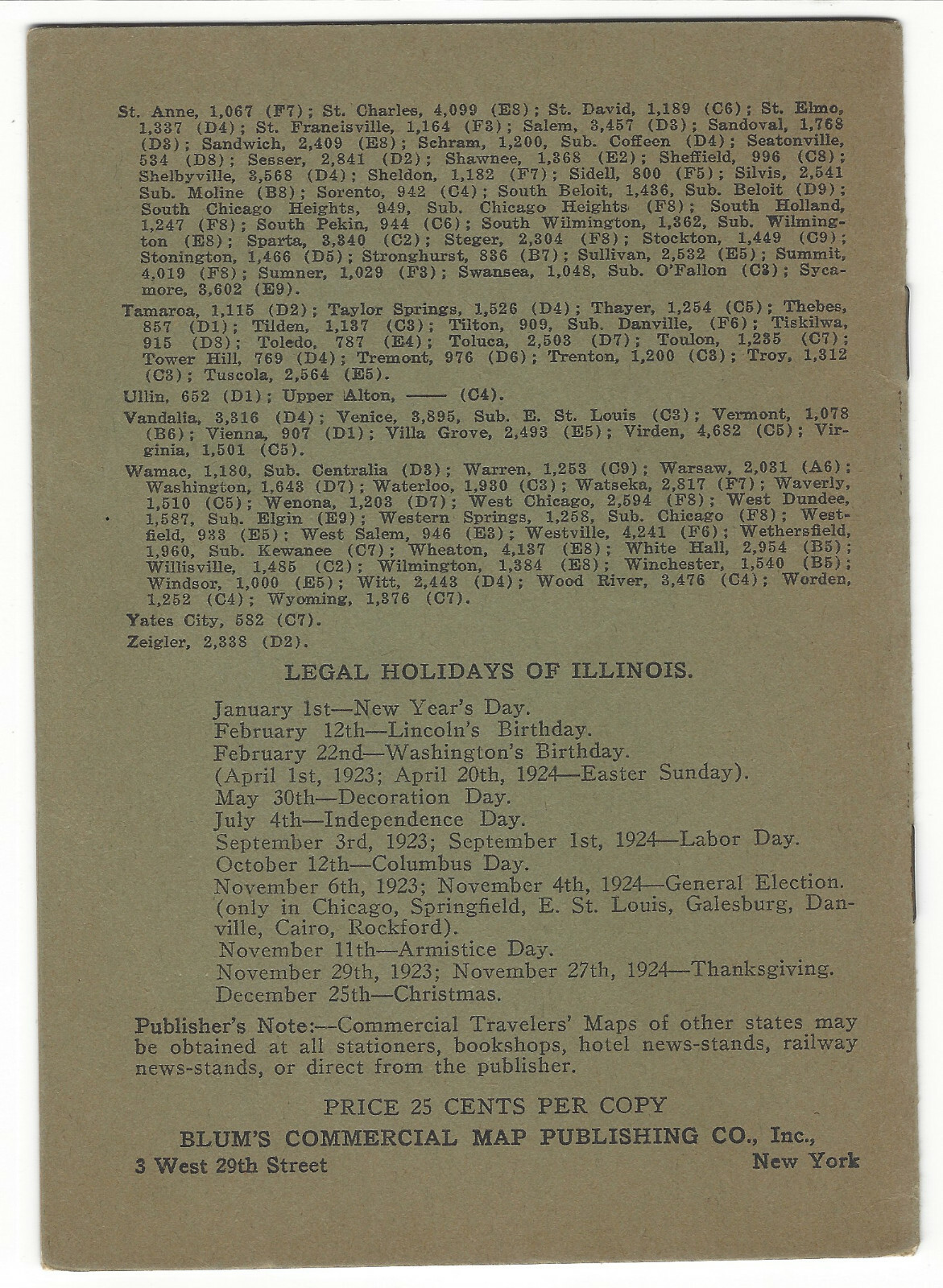 Blum’s Commercial Travelers Map of Illinois Railroad/Railway System-1923/1924