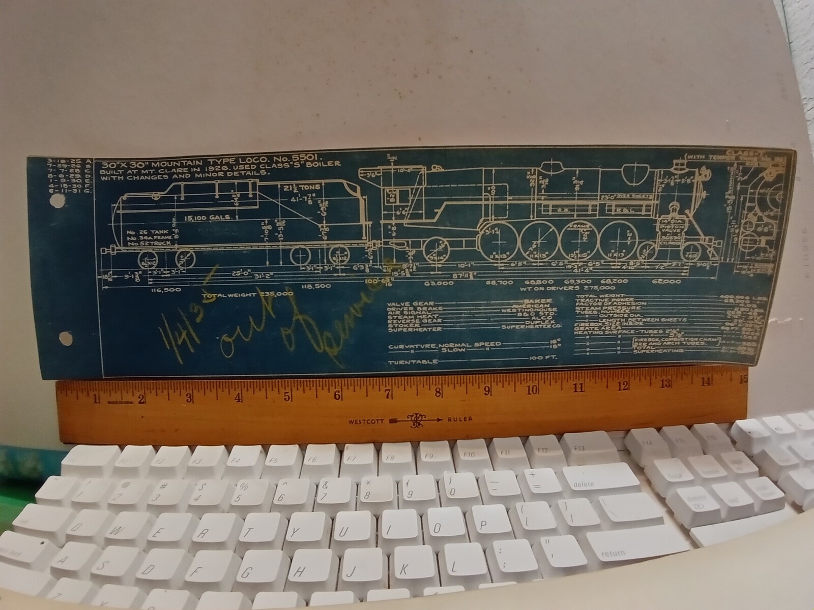 BALTIMORE & OHIO RAILROAD ORIG BLUEPRINT DIAGRAM CLASS T 4-8-2 LOCOMOTIVE #5501