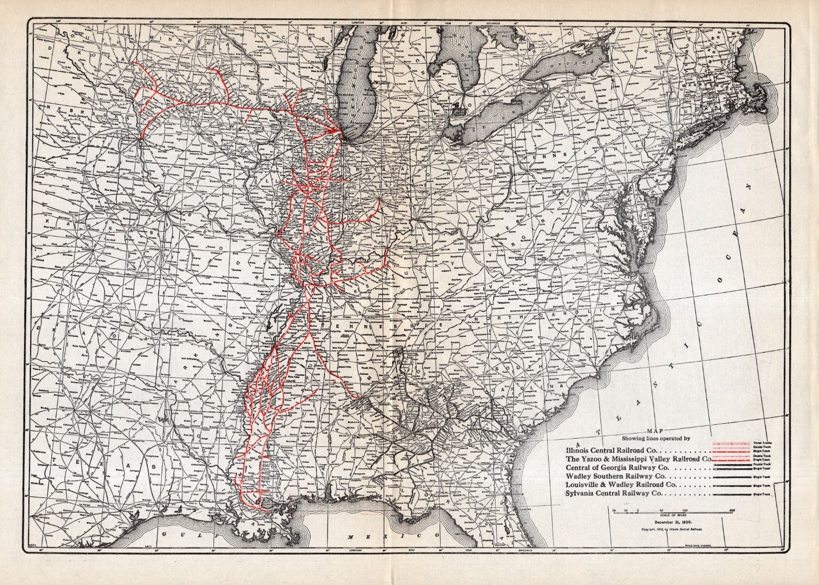 1920 Antique Illinois Central Railroad Map Yazoo Georgia Wadley Sylvania 2695