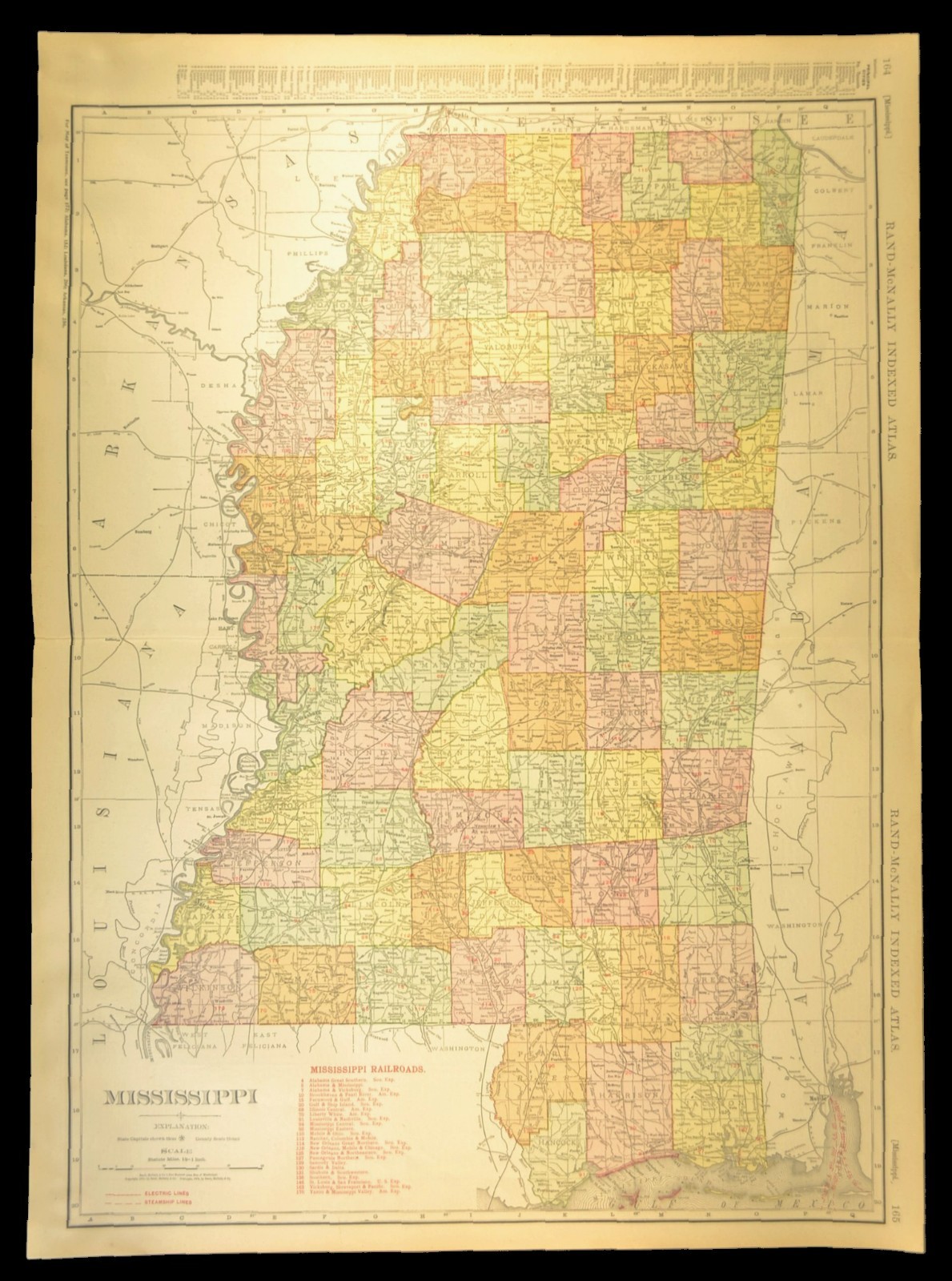 1911 Antique Mississippi Railroad Map ORIGINAL Atlas Map Y&MV RR GSI RR DATED