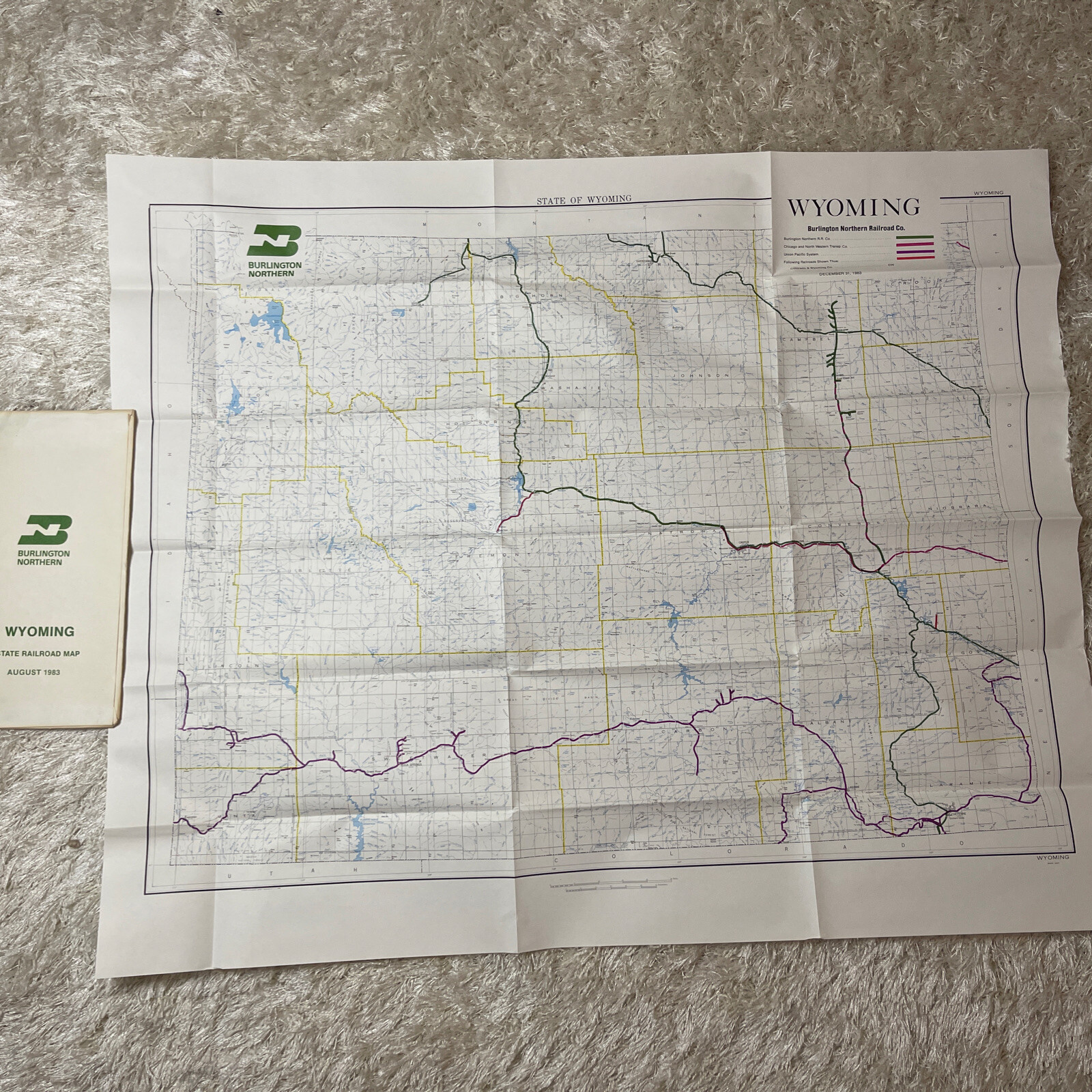 Burlington Northern Railroad 1983 Wyoming State Railroad Map in sleeve PR1