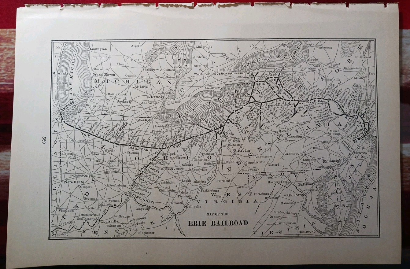 ~1896 Antique Train Route Map ERIE RAILROAD Ohio Pennsylvania New York Indiana