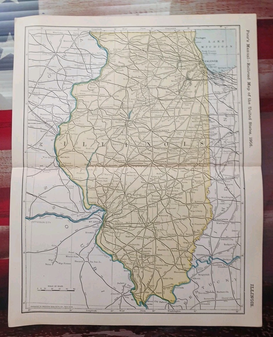 1905 Train Route Map ILLINOIS all Railroad Lines In State Are Marked 11″x9″